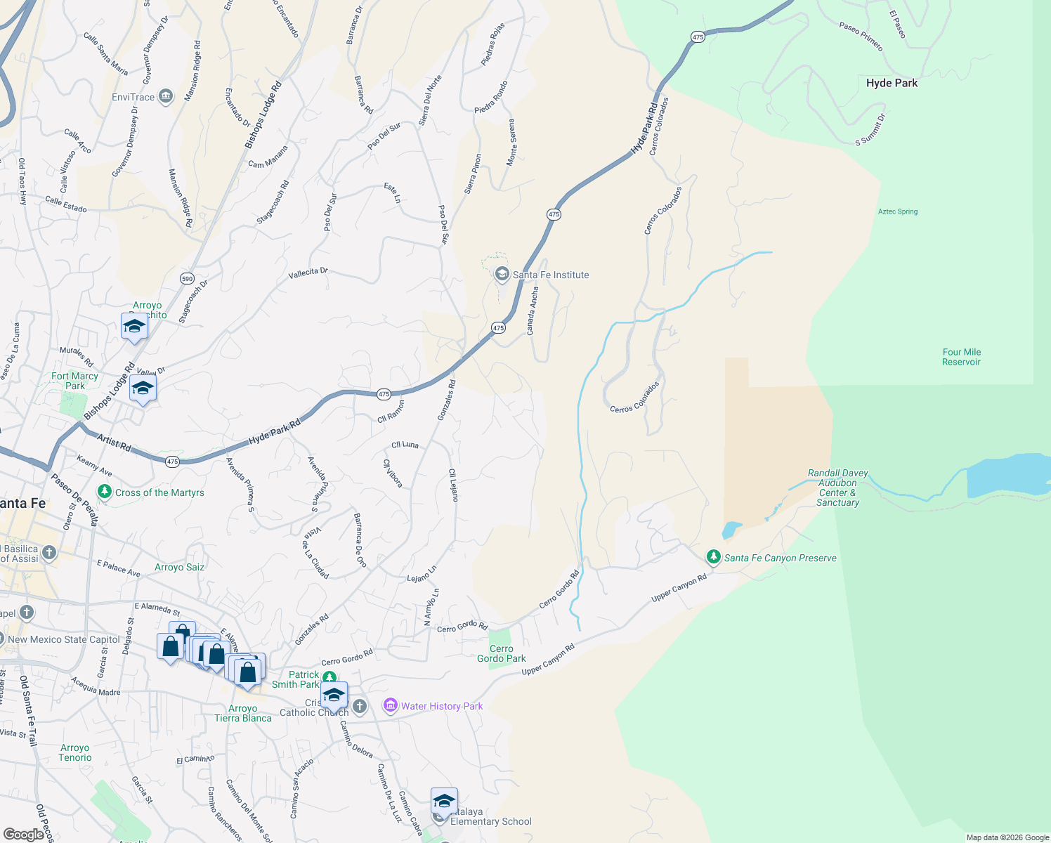 map of restaurants, bars, coffee shops, grocery stores, and more near 1420 Hyde Park Road in Santa Fe
