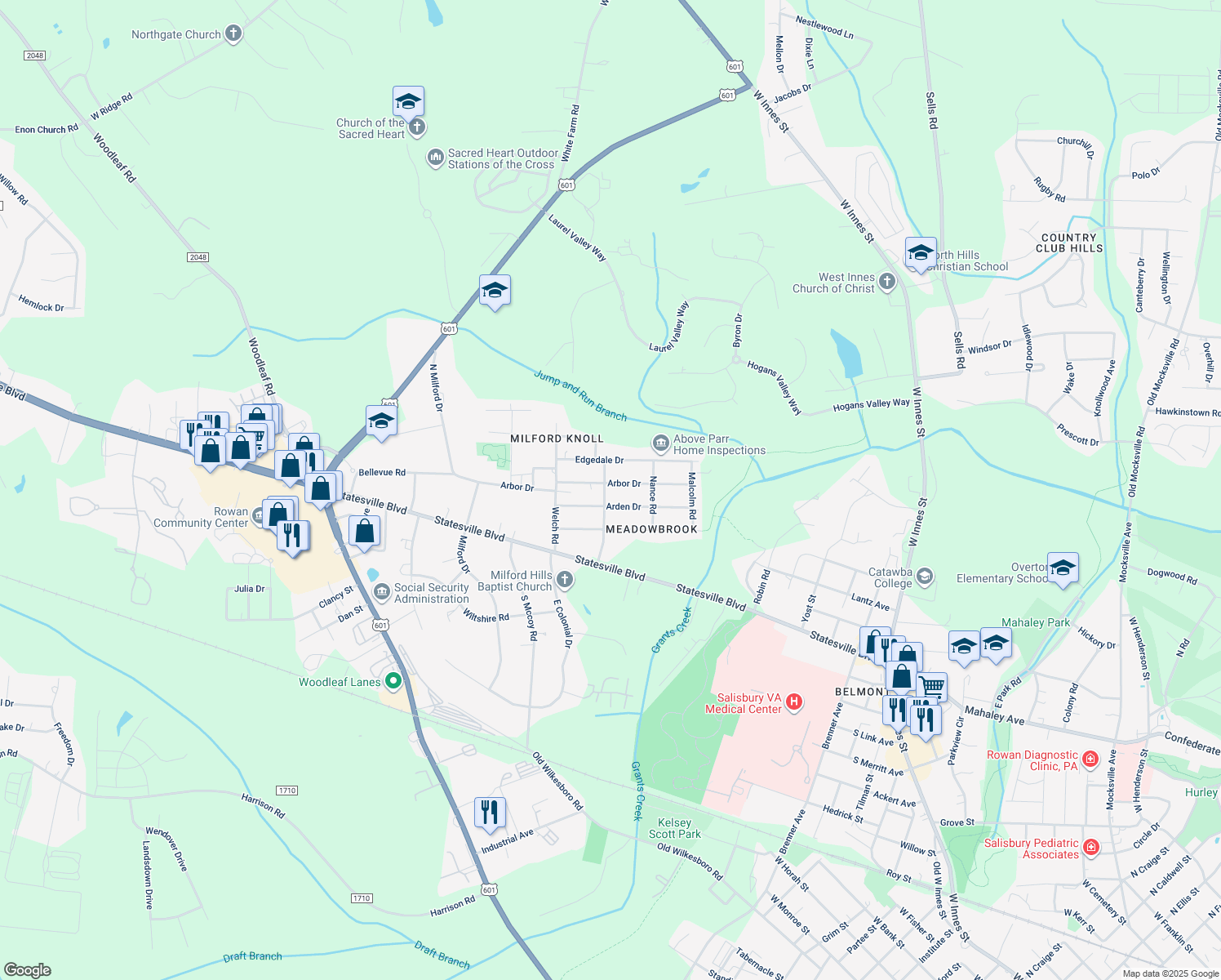 map of restaurants, bars, coffee shops, grocery stores, and more near 1225 Arbor Drive in Salisbury