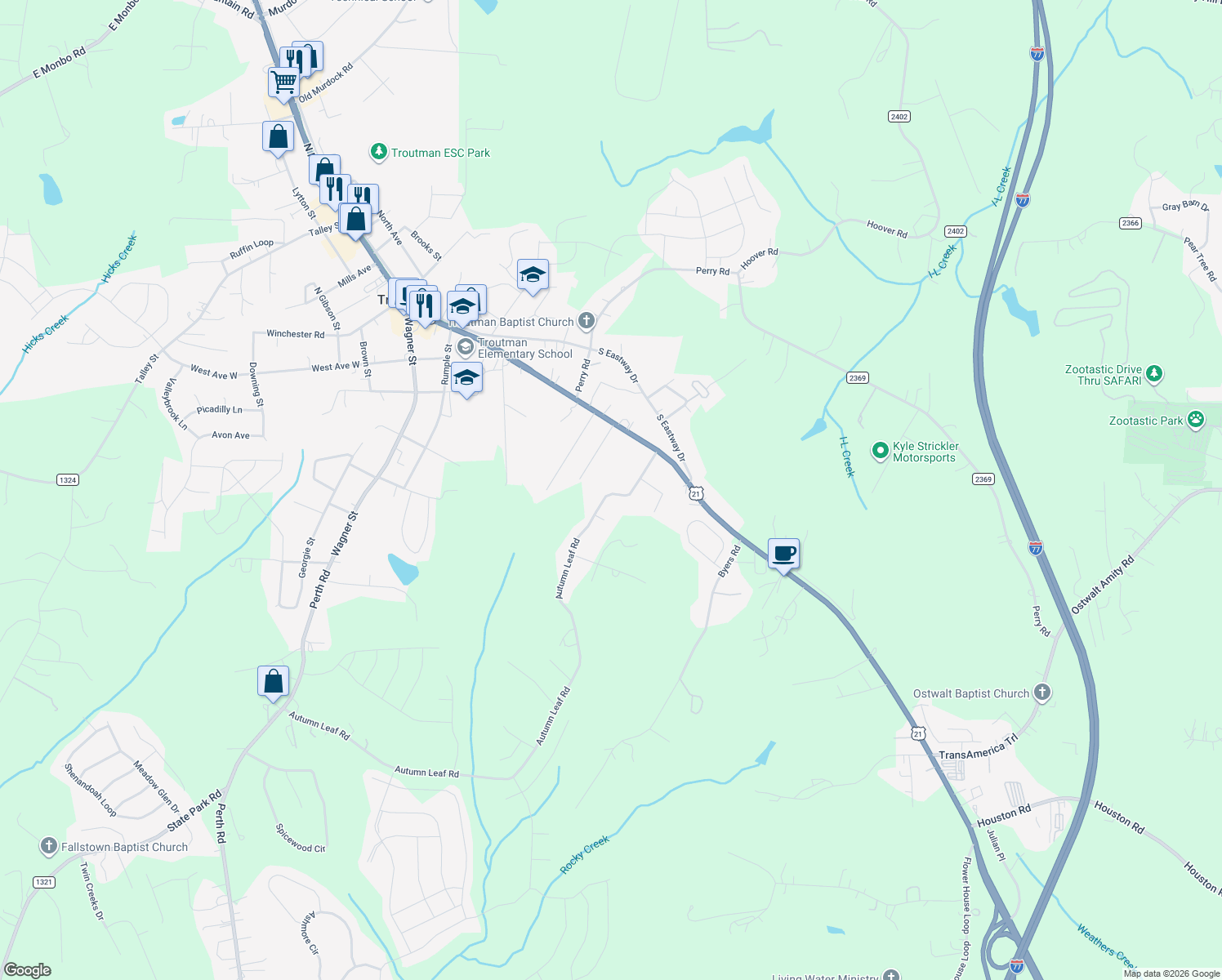 map of restaurants, bars, coffee shops, grocery stores, and more near 150 Autumn Leaf Road in Troutman