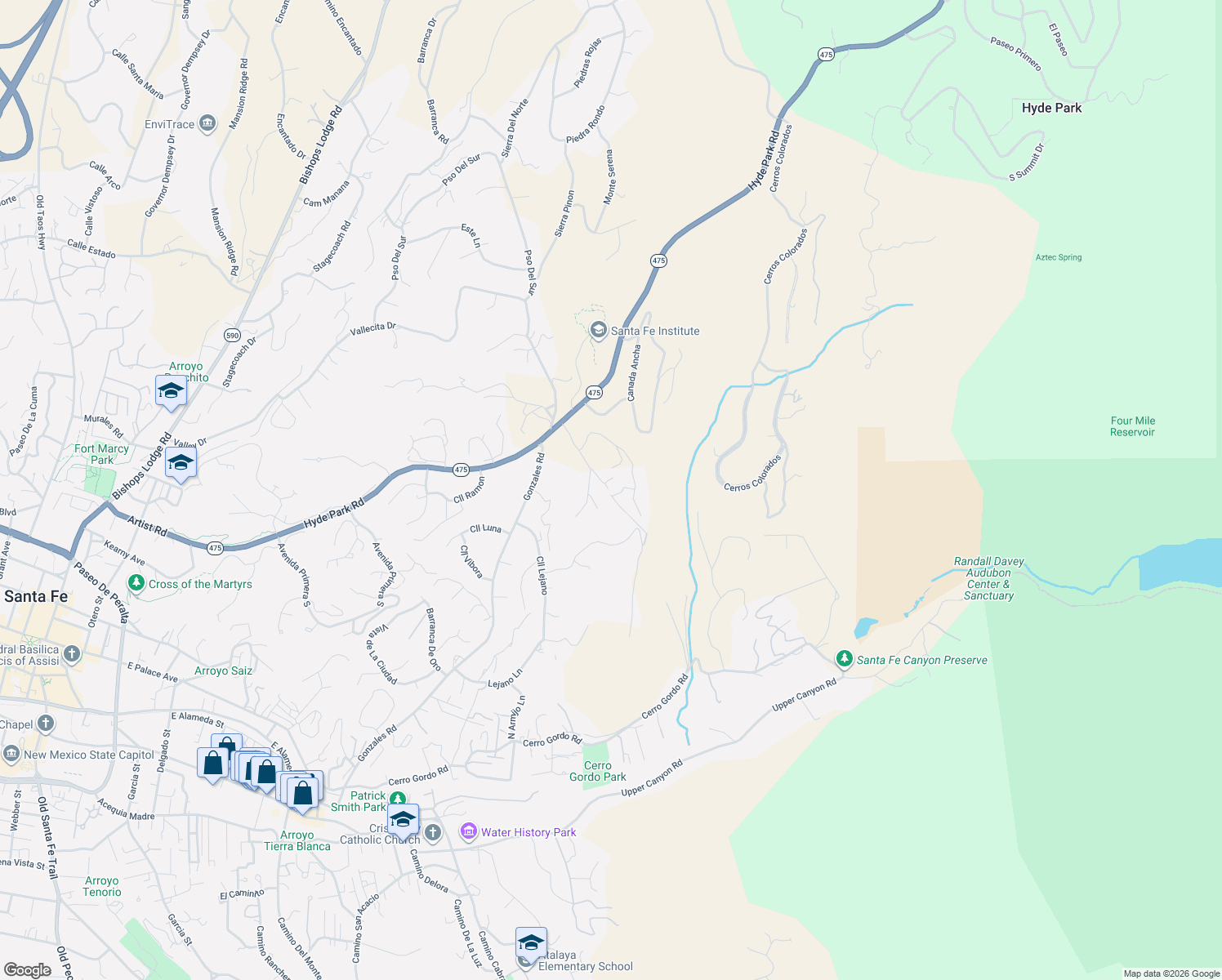 map of restaurants, bars, coffee shops, grocery stores, and more near 1420 Hyde Park Road in Santa Fe