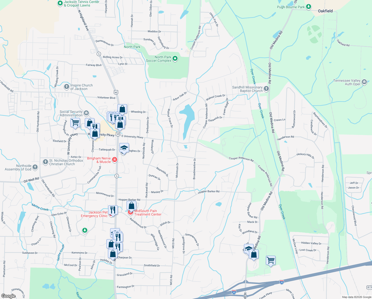 map of restaurants, bars, coffee shops, grocery stores, and more near 55 Emerald Ridge Cove in Jackson