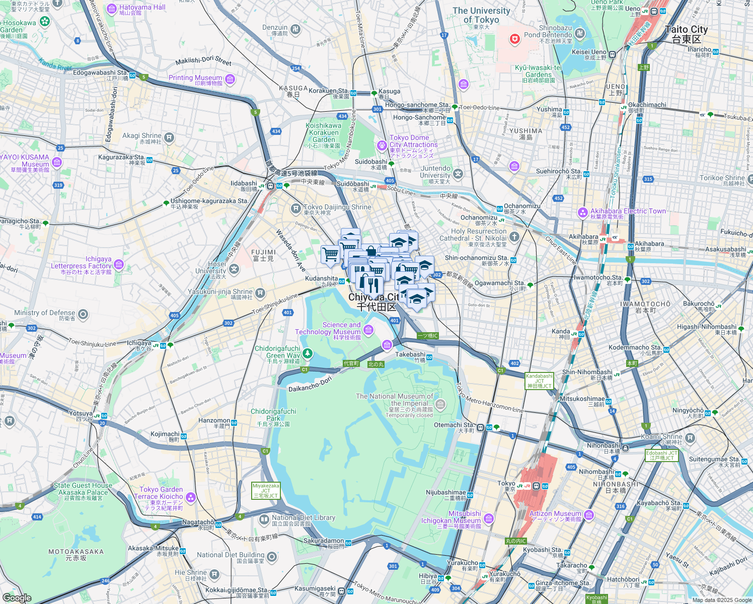map of restaurants, bars, coffee shops, grocery stores, and more near in Chiyoda City