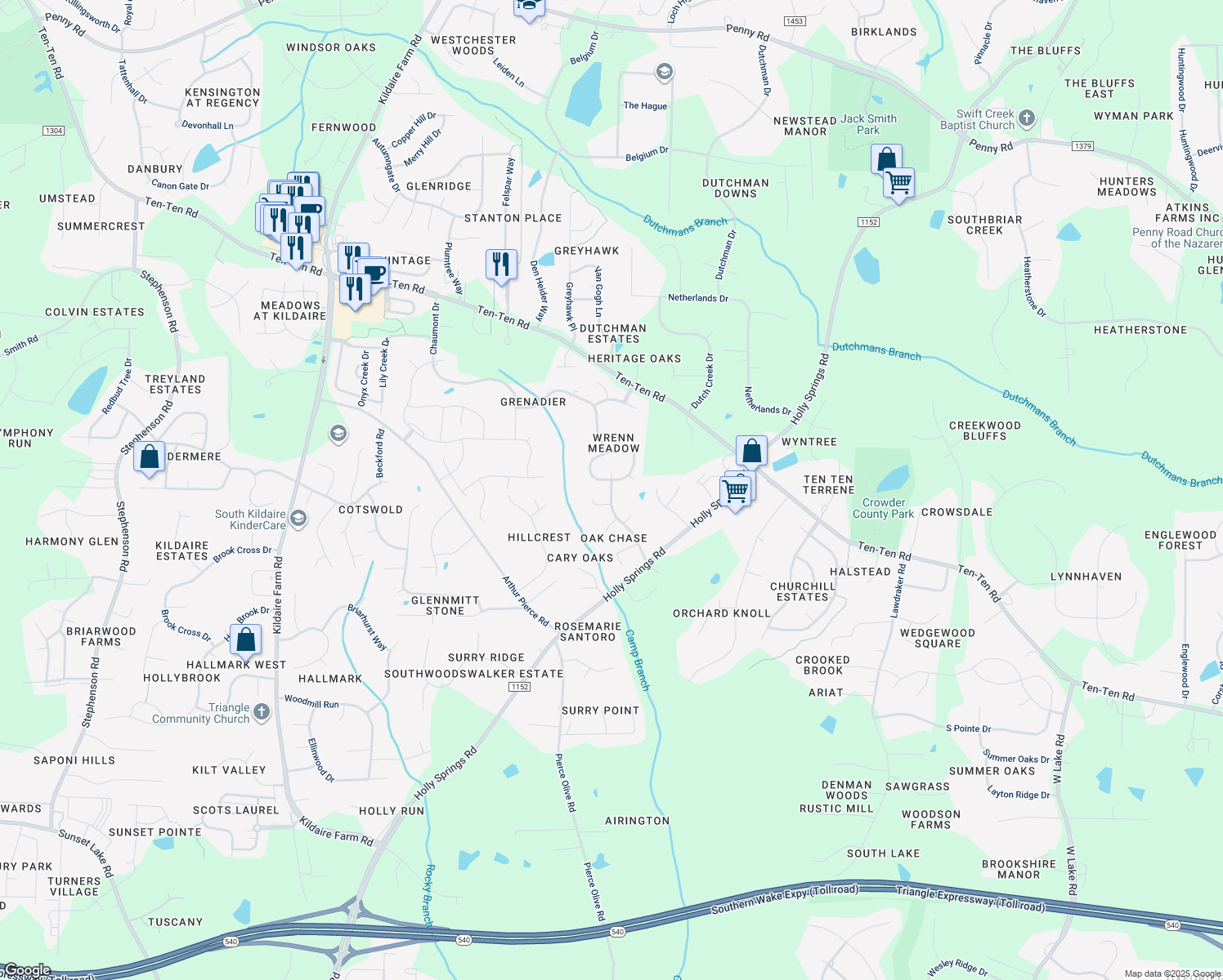 map of restaurants, bars, coffee shops, grocery stores, and more near 4300 Winding Oak Way in Apex