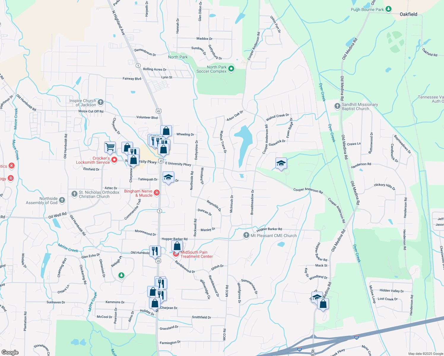 map of restaurants, bars, coffee shops, grocery stores, and more near 219 McIntosh Drive in Jackson