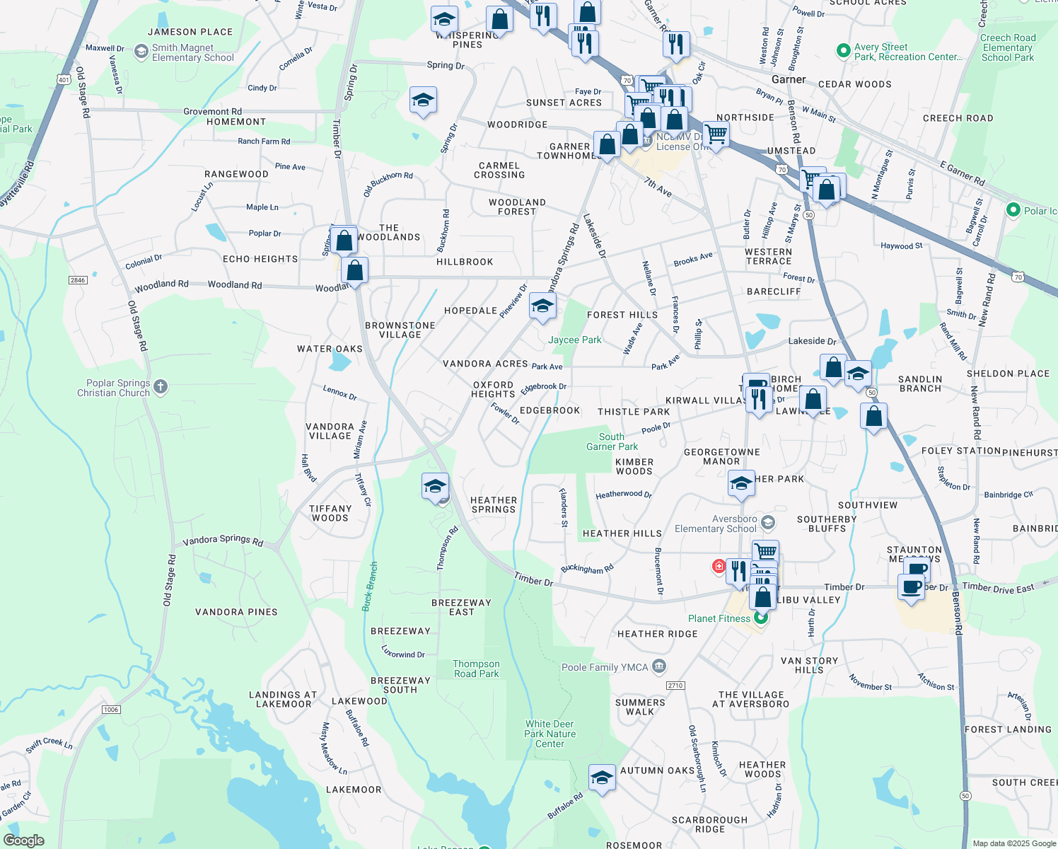 map of restaurants, bars, coffee shops, grocery stores, and more near 1412 Kenbrook Drive in Garner