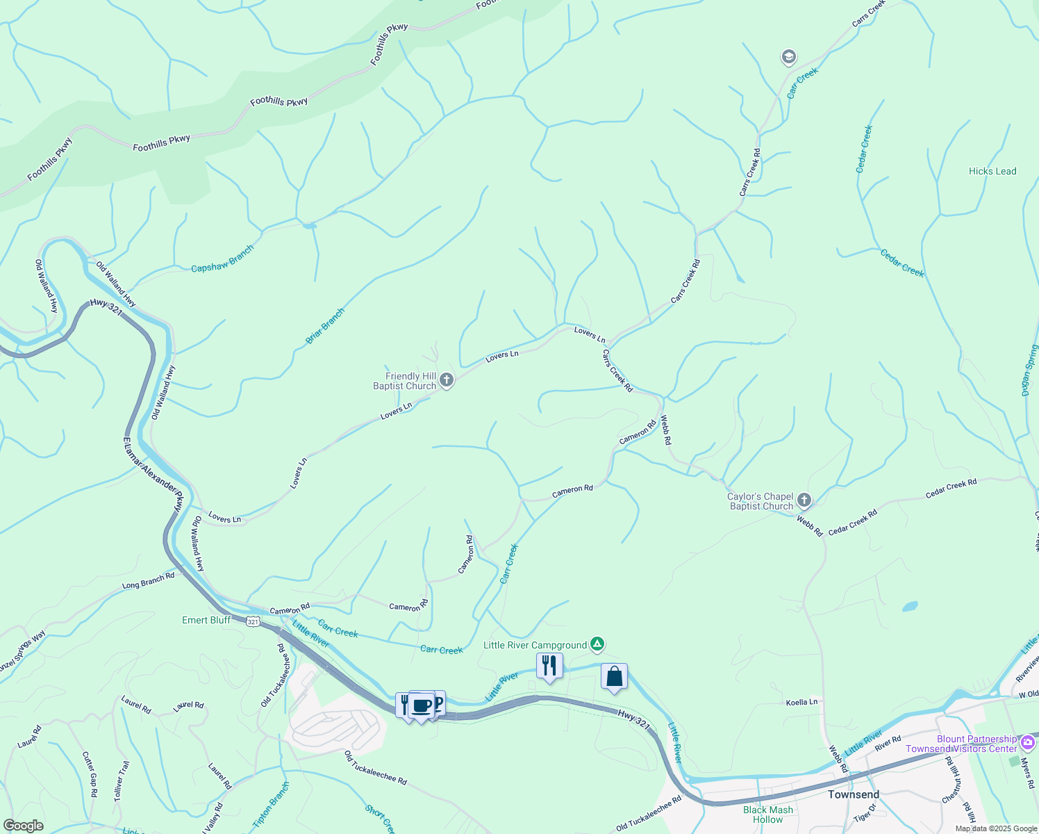 map of restaurants, bars, coffee shops, grocery stores, and more near 504 Twin Oak Mountain Lane in Townsend