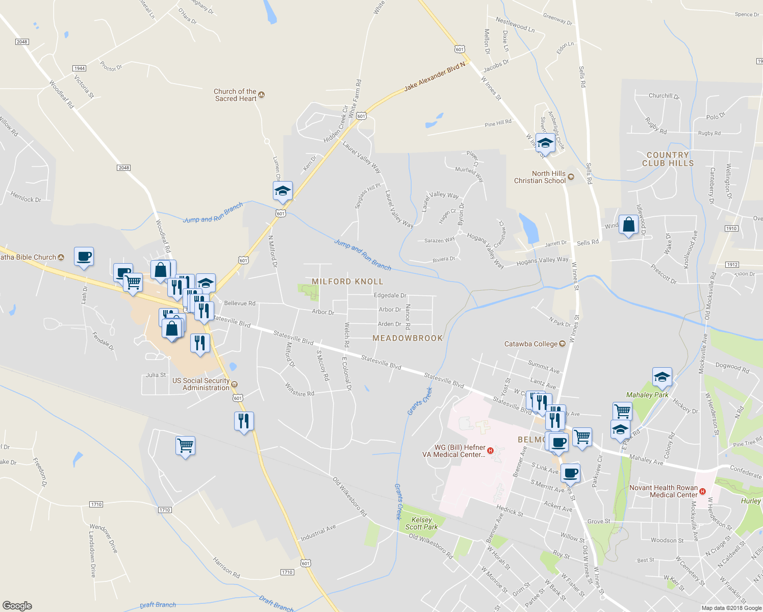 map of restaurants, bars, coffee shops, grocery stores, and more near 1224 Arbor Drive in Salisbury