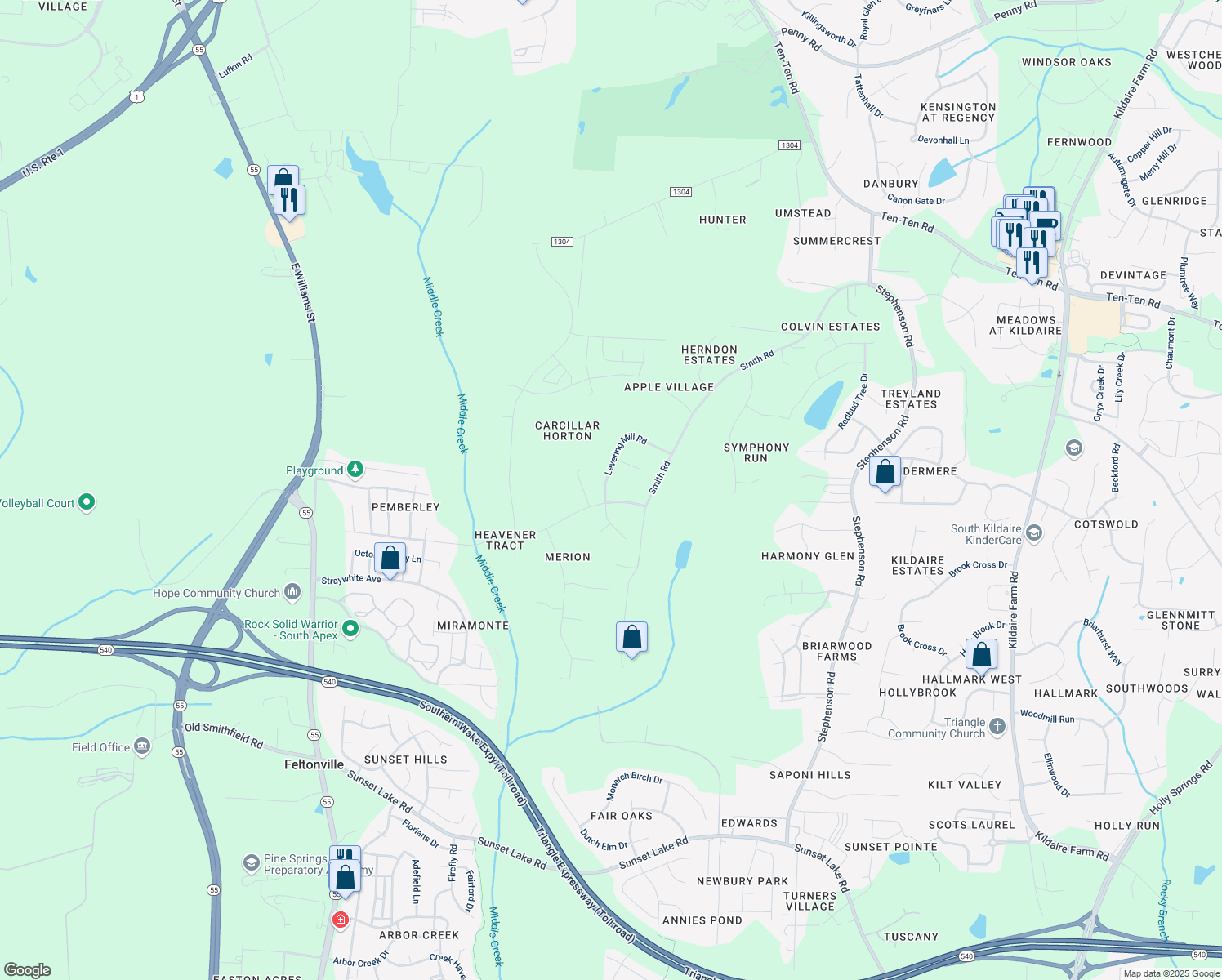 map of restaurants, bars, coffee shops, grocery stores, and more near 5313 Levering Mill Road in Apex