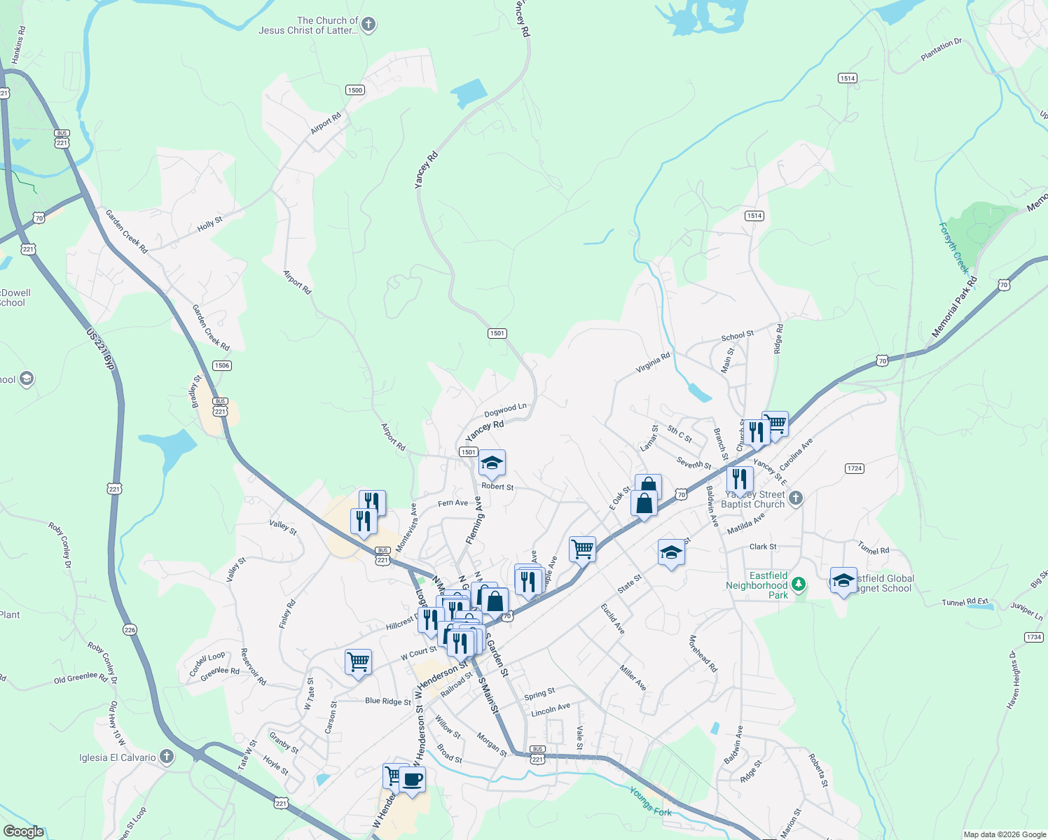 map of restaurants, bars, coffee shops, grocery stores, and more near 310 Yancey Road in Marion