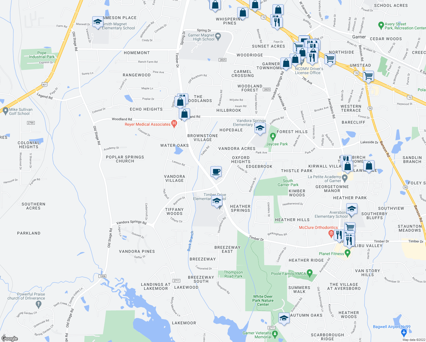 map of restaurants, bars, coffee shops, grocery stores, and more near 320 Grand Pointe Drive in Garner