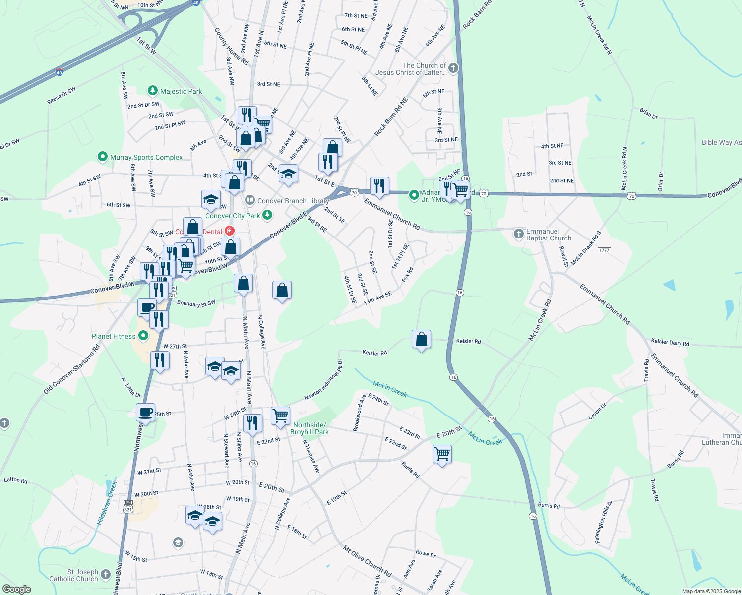 map of restaurants, bars, coffee shops, grocery stores, and more near 1215 3rd Street Drive Southeast in Conover