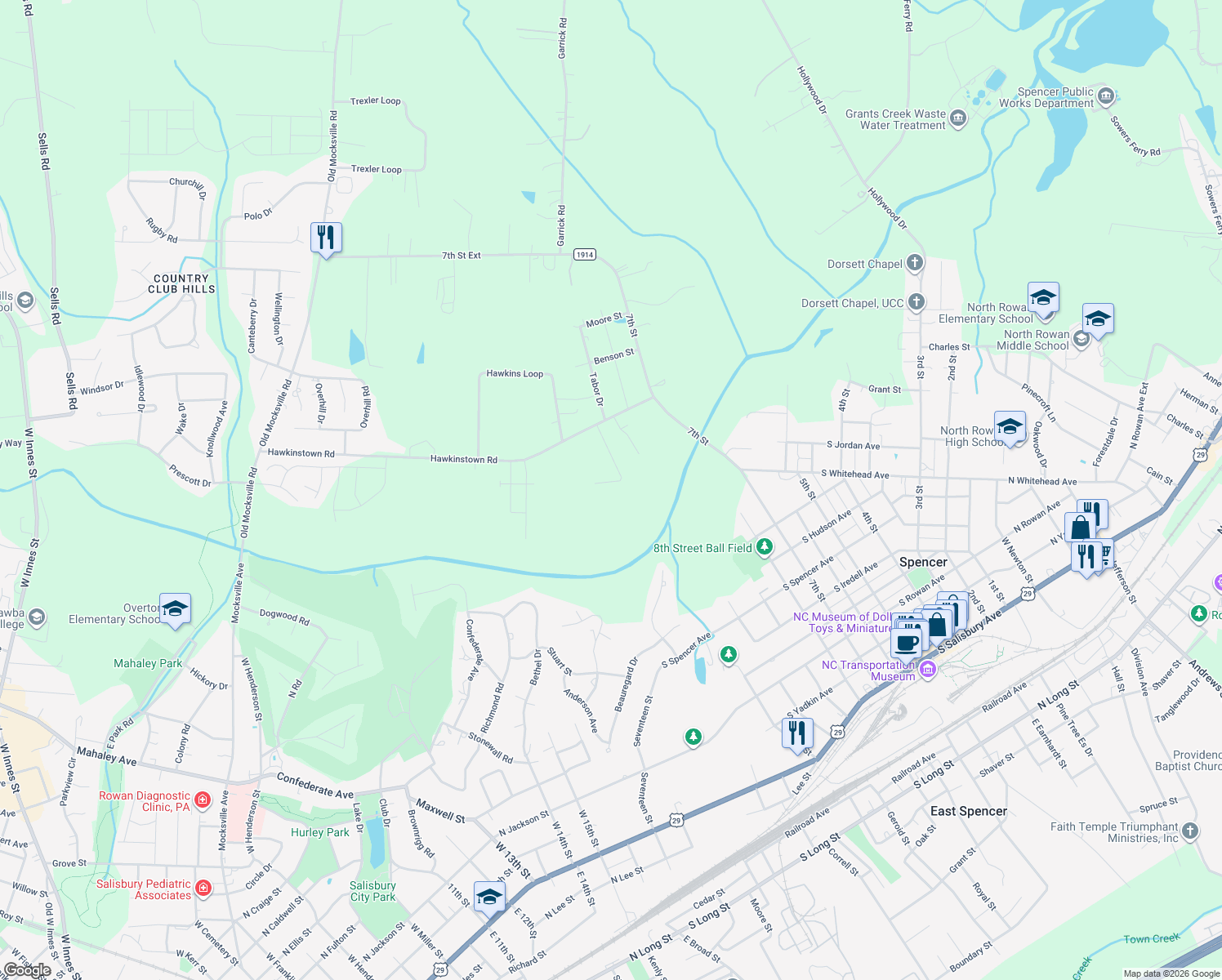 map of restaurants, bars, coffee shops, grocery stores, and more near 119 Hawkins Avenue in Salisbury