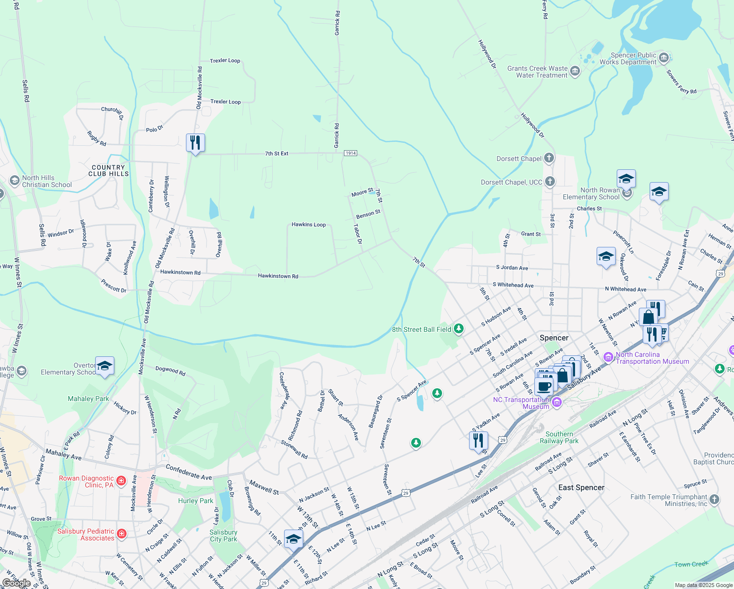 map of restaurants, bars, coffee shops, grocery stores, and more near 115 Hawkins Avenue in Salisbury