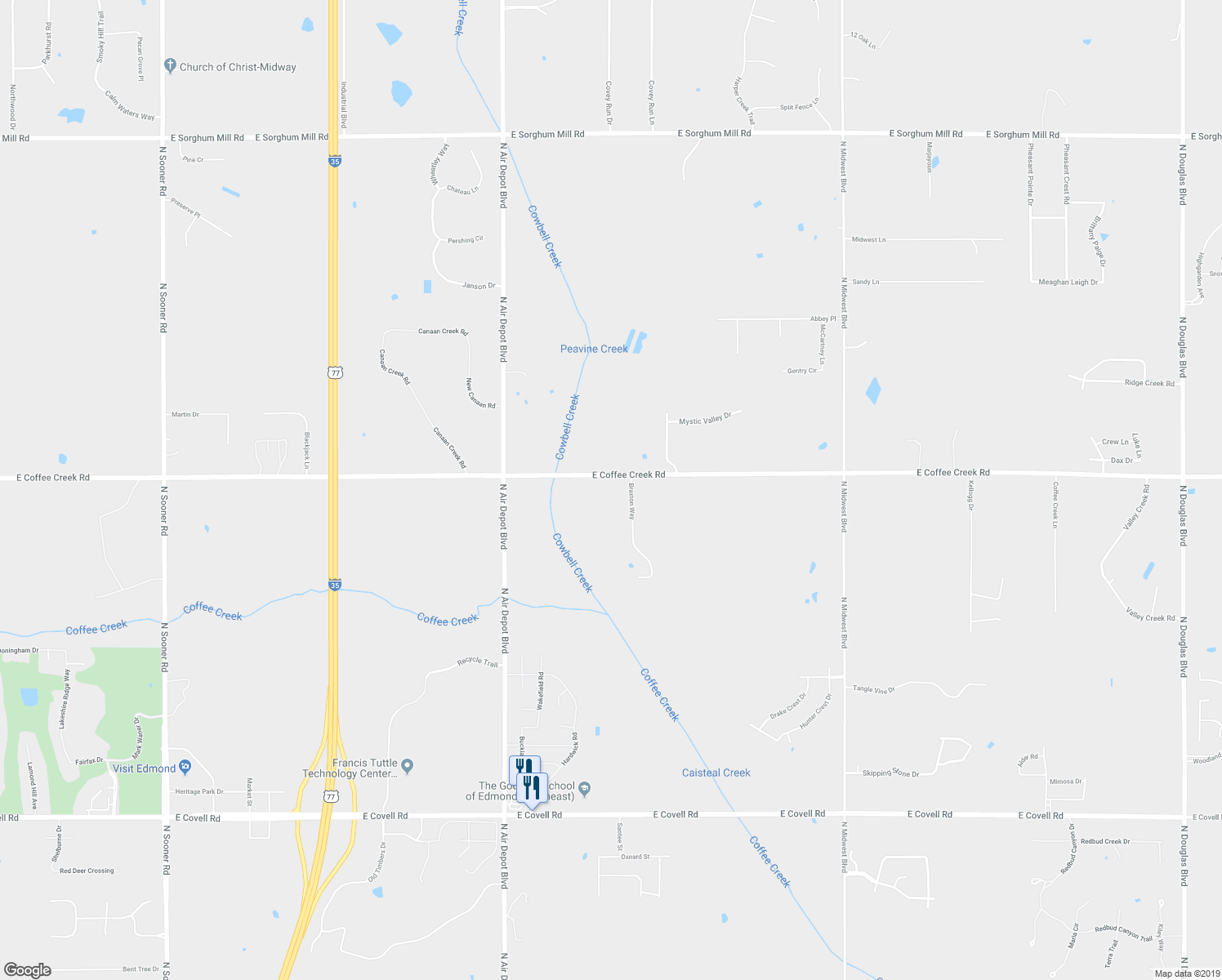 map of restaurants, bars, coffee shops, grocery stores, and more near 4001 Braxton Way in Edmond