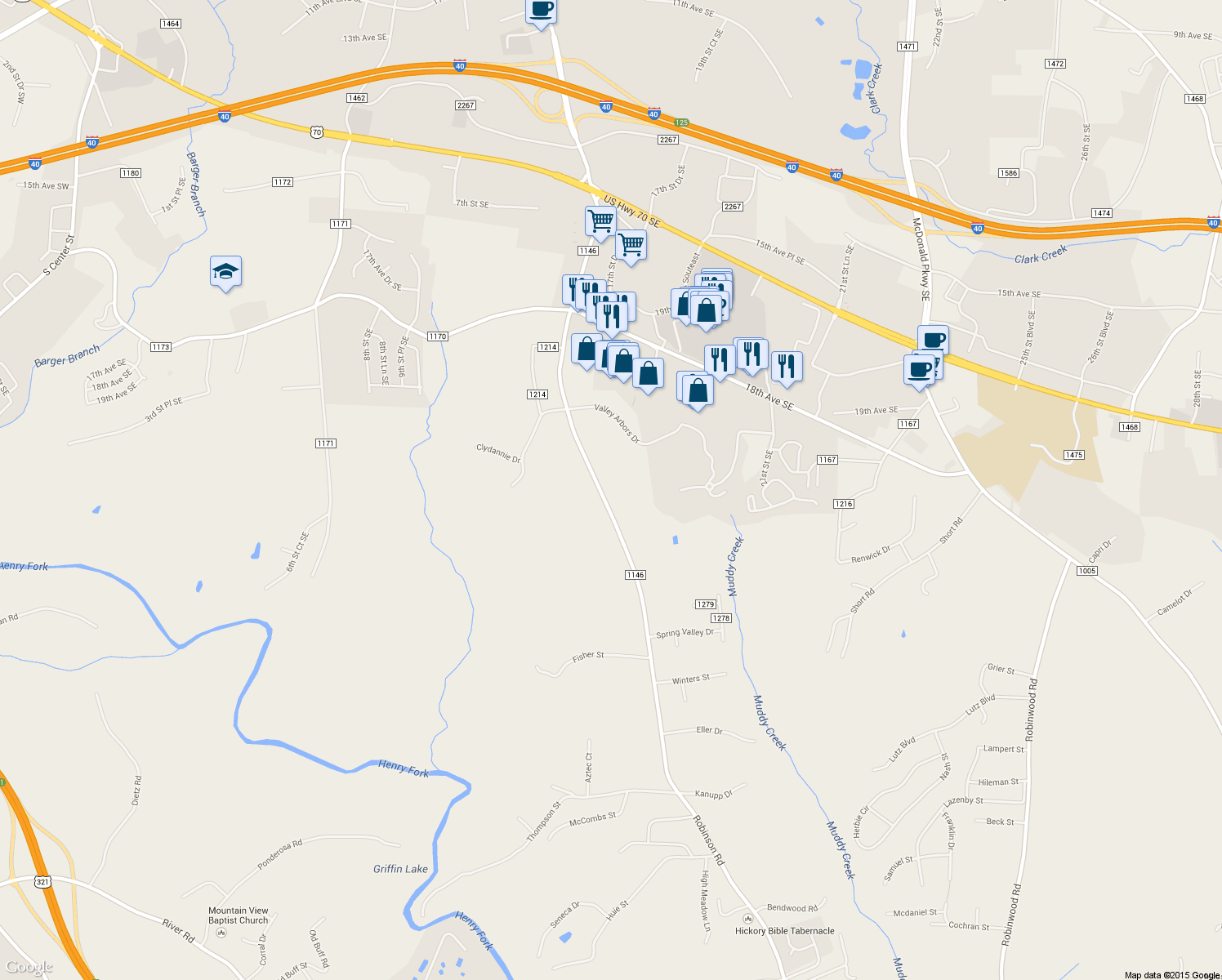map of restaurants, bars, coffee shops, grocery stores, and more near 2068 Robinson Road in Newton