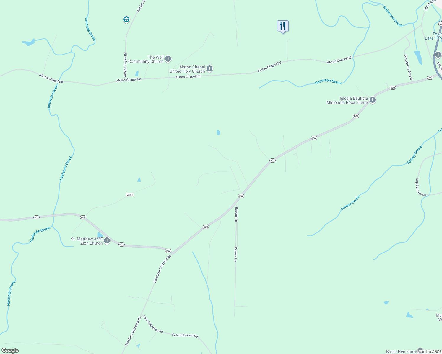 map of restaurants, bars, coffee shops, grocery stores, and more near 301 Rocky Hills Road in Pittsboro