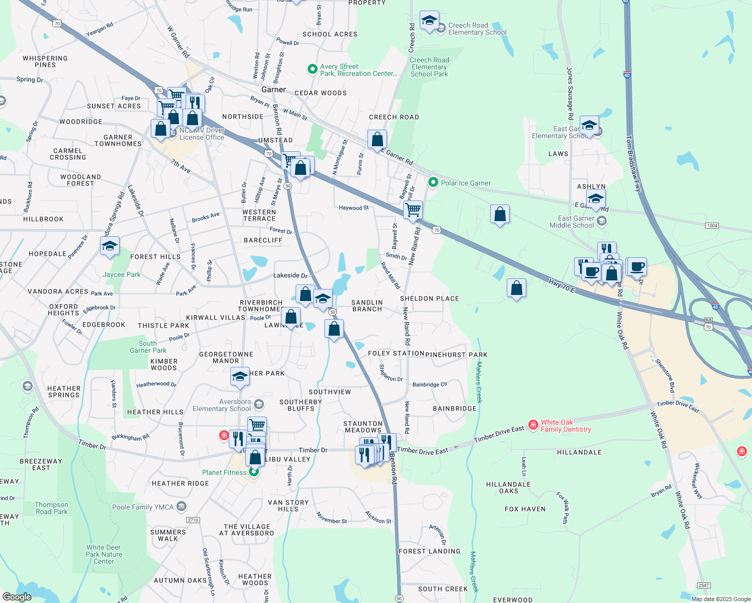 map of restaurants, bars, coffee shops, grocery stores, and more near 228 Kentucky Drive in Garner