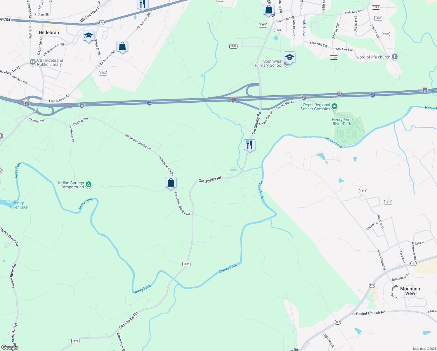 map of restaurants, bars, coffee shops, grocery stores, and more near 2229 Old Shelby Road in Hickory