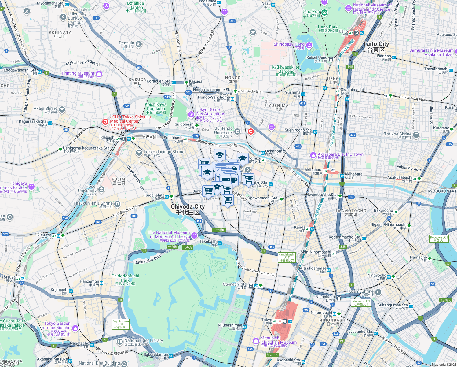map of restaurants, bars, coffee shops, grocery stores, and more near in Chiyoda-ku