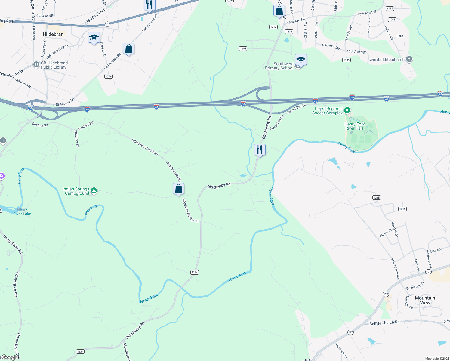 map of restaurants, bars, coffee shops, grocery stores, and more near 2229 Old Shelby Road in Hickory