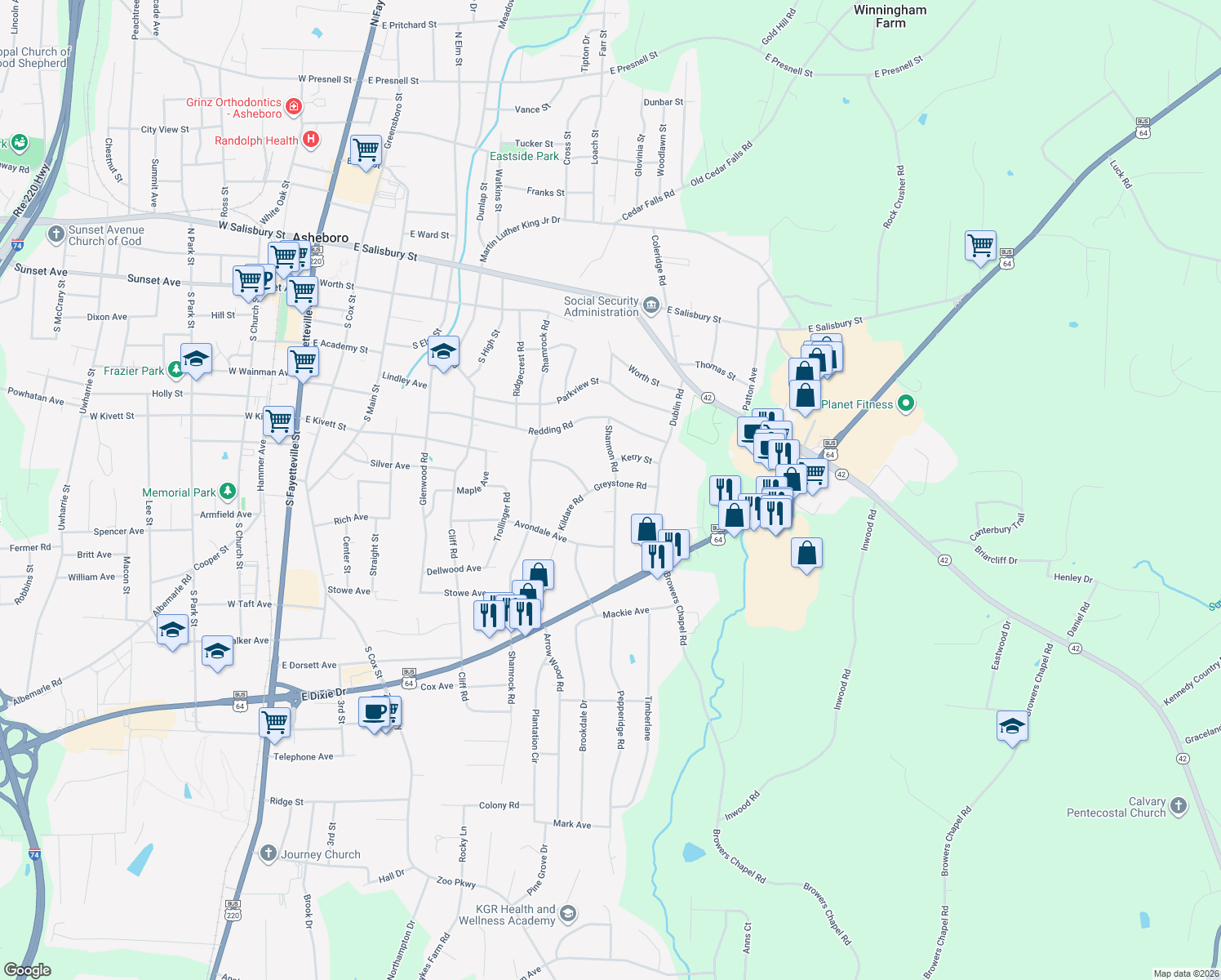 map of restaurants, bars, coffee shops, grocery stores, and more near 924 Greystone Rd in Asheboro