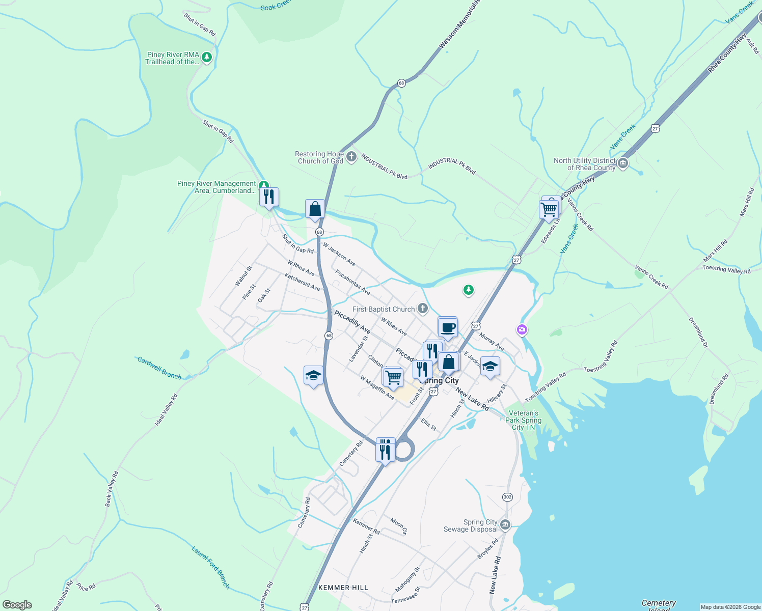 map of restaurants, bars, coffee shops, grocery stores, and more near 156 Lavender Street in Spring City