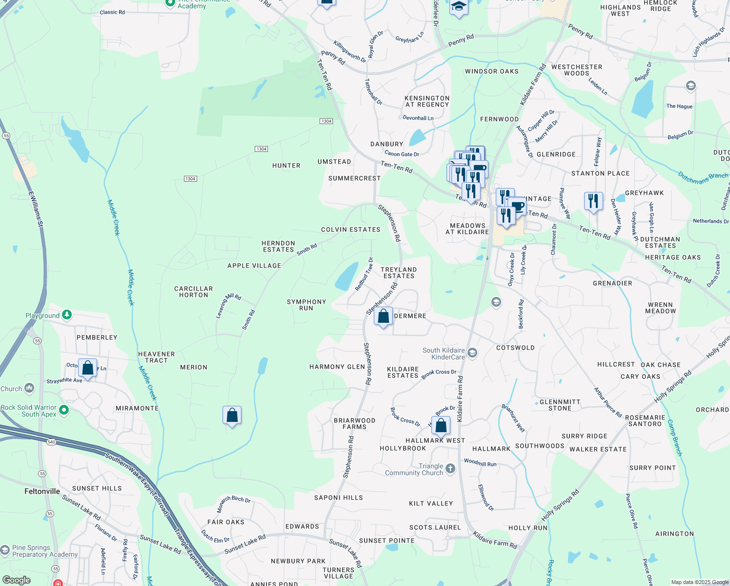 map of restaurants, bars, coffee shops, grocery stores, and more near 108 Wild Blossom Drive in Apex