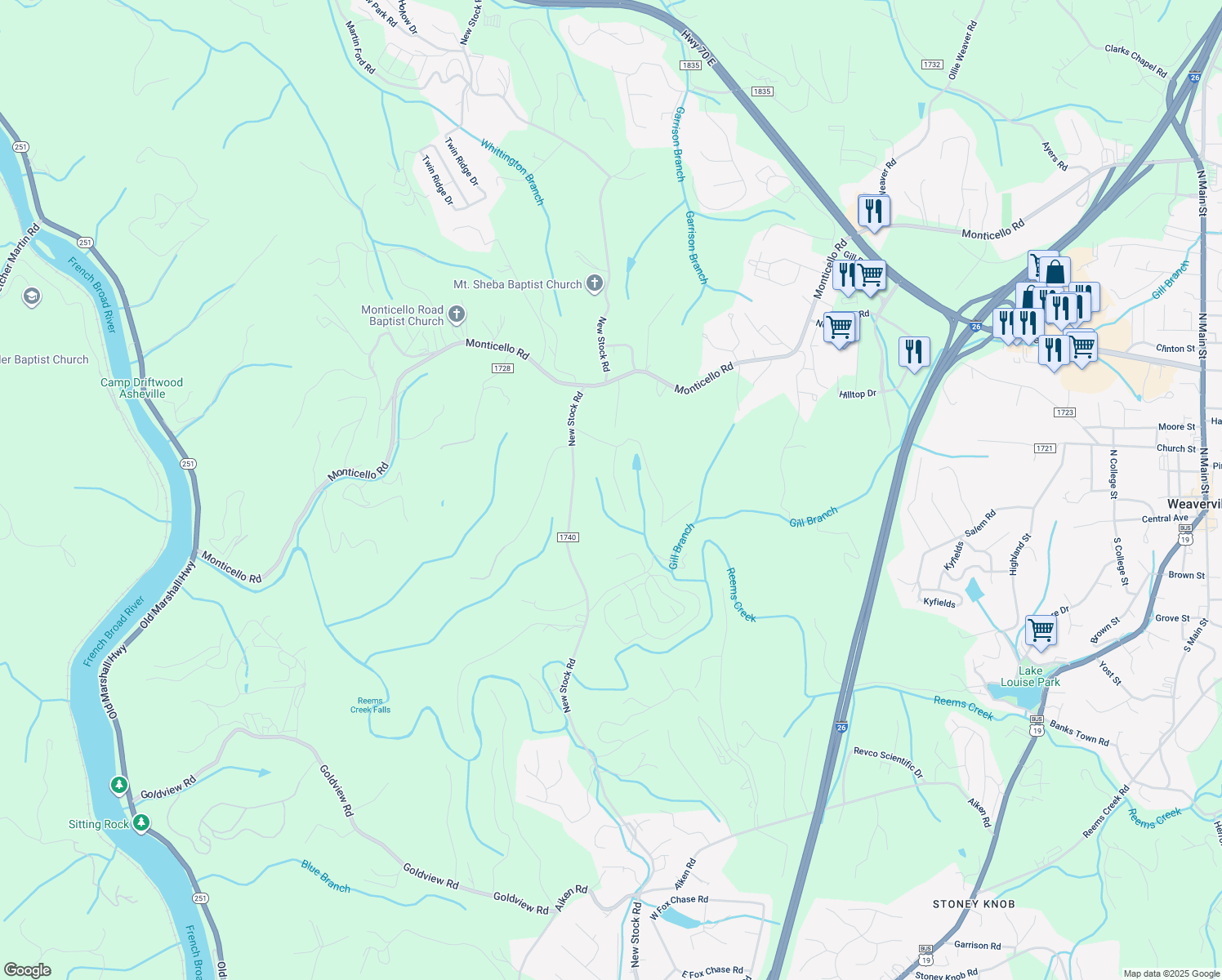 map of restaurants, bars, coffee shops, grocery stores, and more near 19 Loridon Drive in Weaverville
