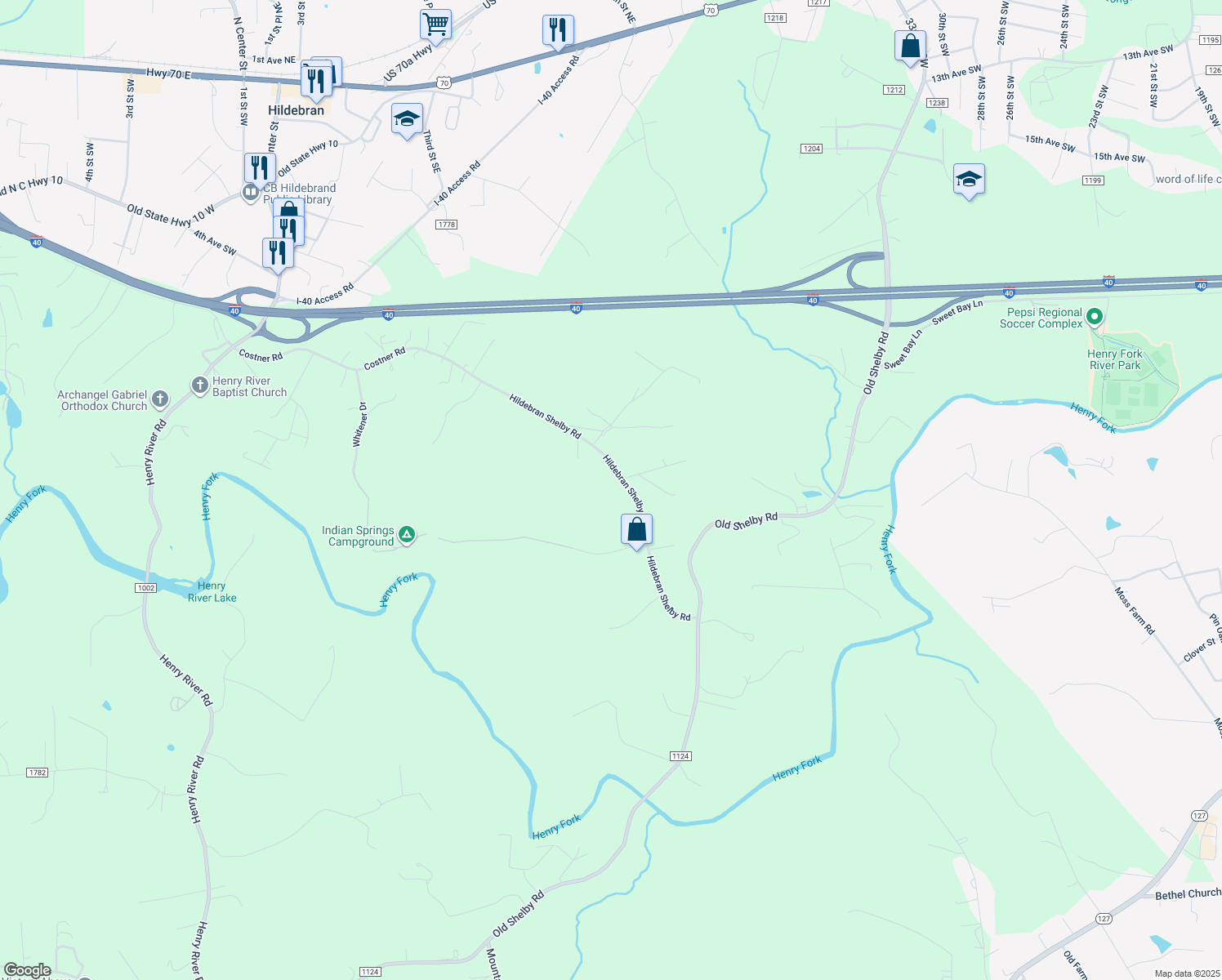 map of restaurants, bars, coffee shops, grocery stores, and more near 6549 Hildebran Shelby Road in Hickory