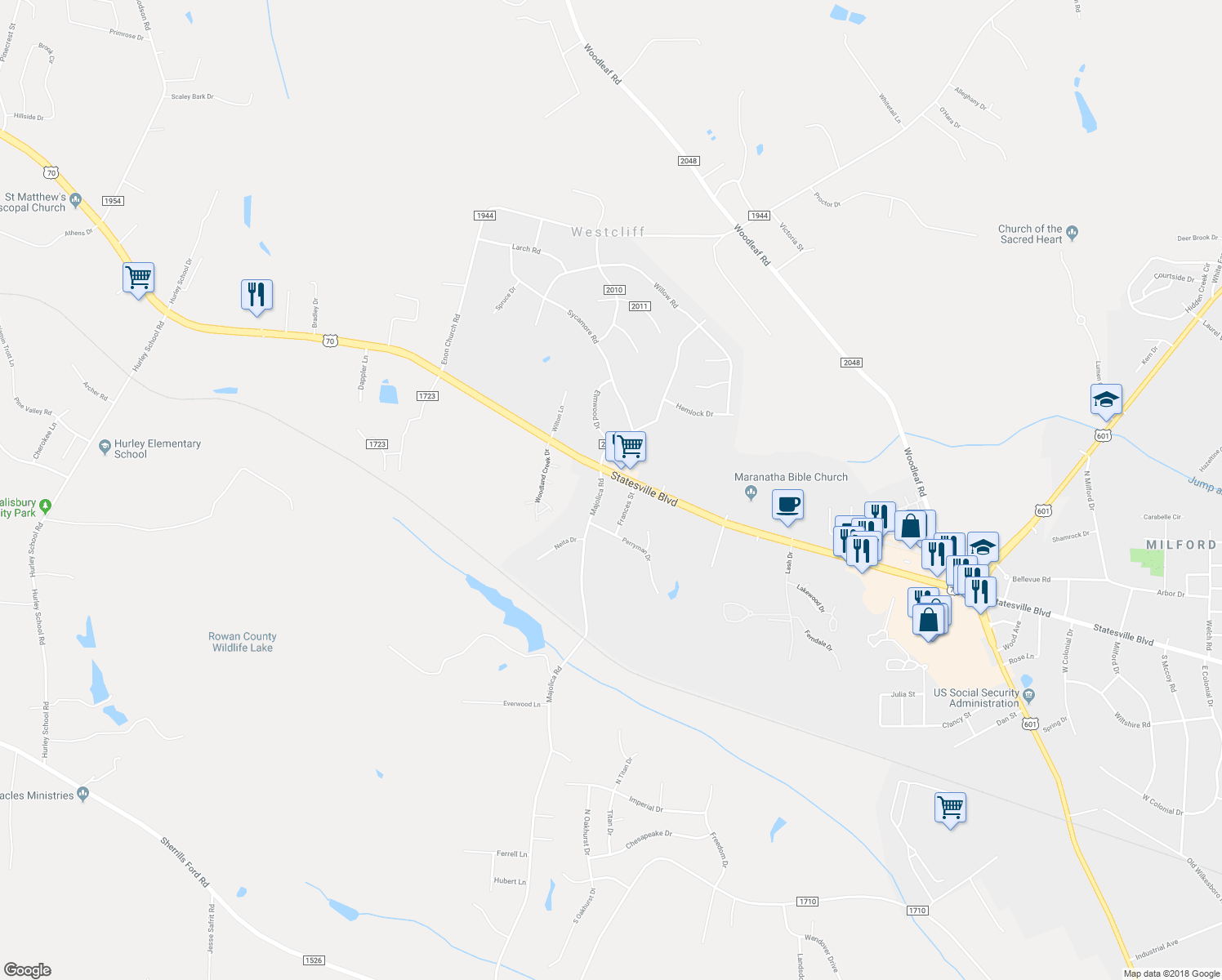 map of restaurants, bars, coffee shops, grocery stores, and more near 145 Majolica Road in Salisbury