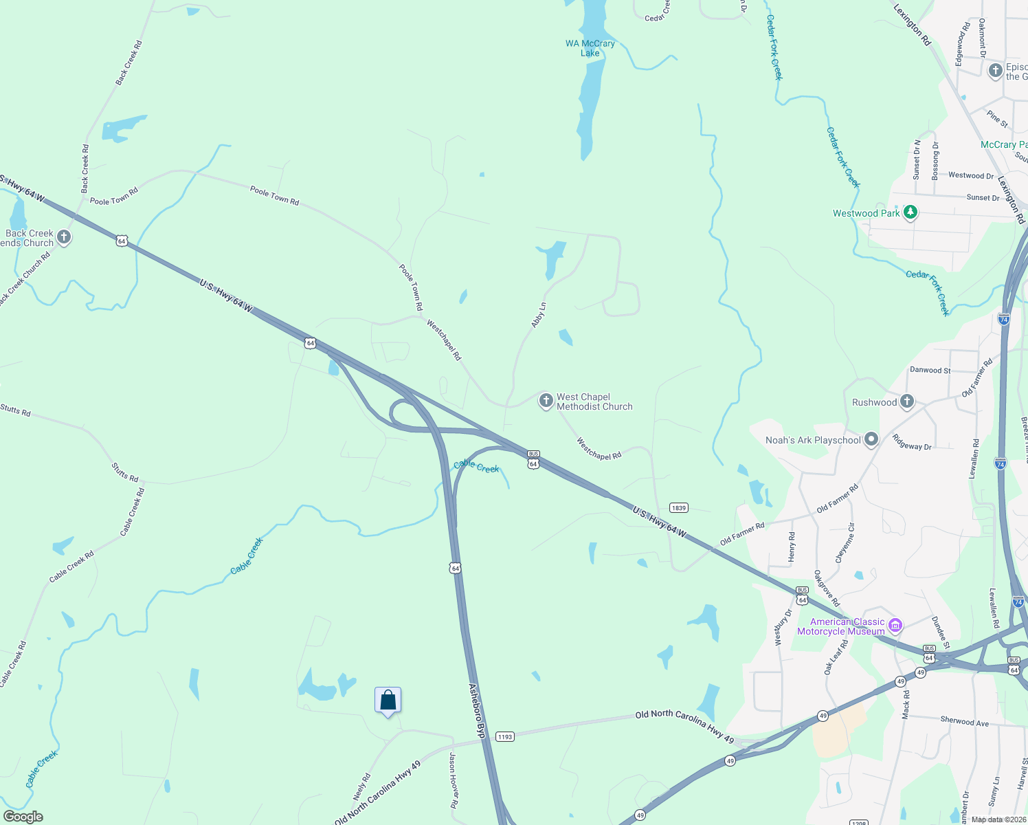 map of restaurants, bars, coffee shops, grocery stores, and more near 1921 Westchapel Road in Asheboro