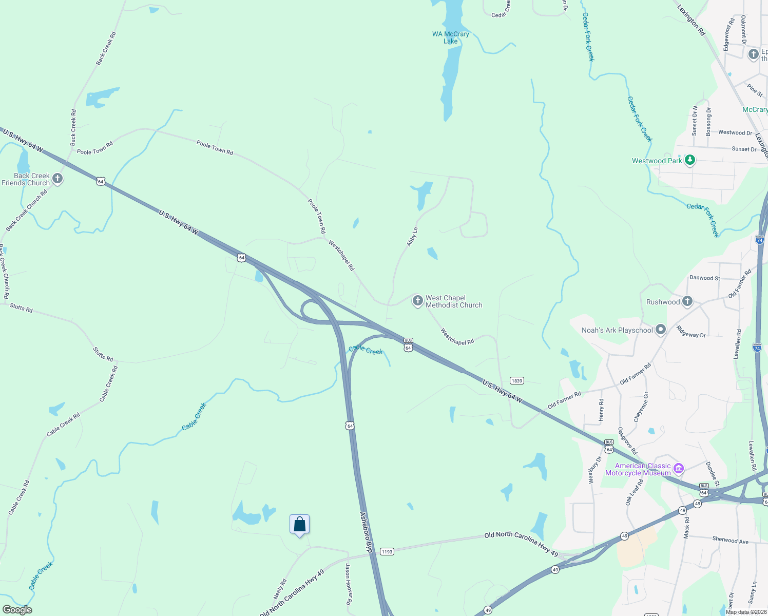 map of restaurants, bars, coffee shops, grocery stores, and more near 1921 Westchapel Road in Asheboro