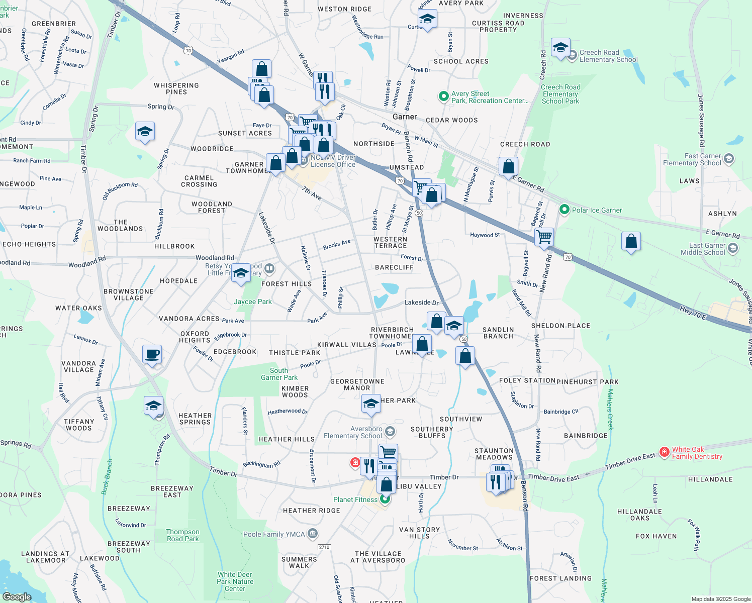 map of restaurants, bars, coffee shops, grocery stores, and more near 1105 Aversboro Rd in Garner