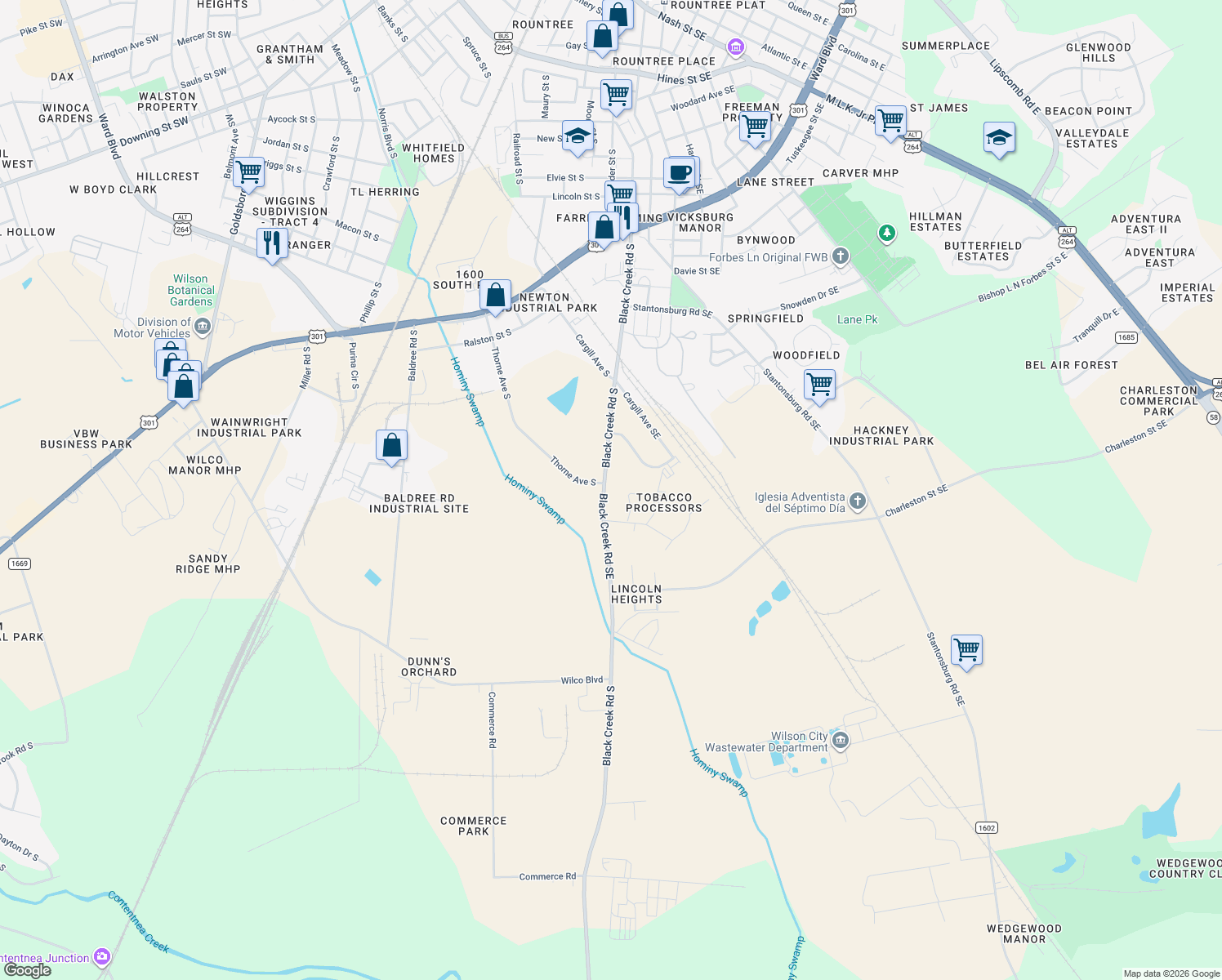 map of restaurants, bars, coffee shops, grocery stores, and more near 2001 Black Creek Road Southeast in Wilson