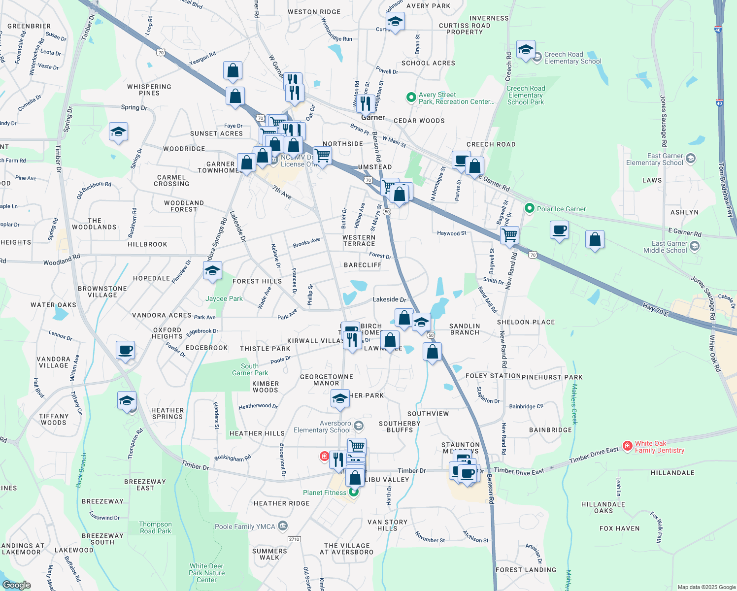map of restaurants, bars, coffee shops, grocery stores, and more near 806 Lawndale St in Garner