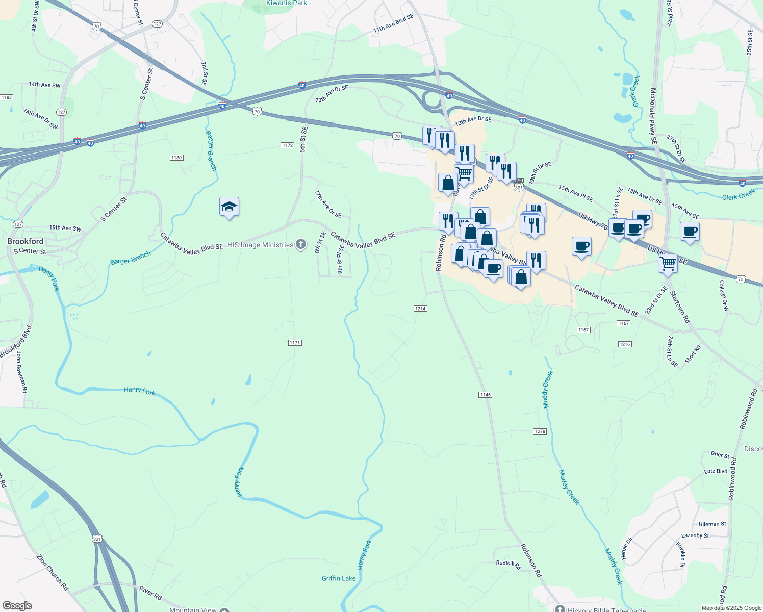 map of restaurants, bars, coffee shops, grocery stores, and more near 3794 Clydannie Drive in Newton