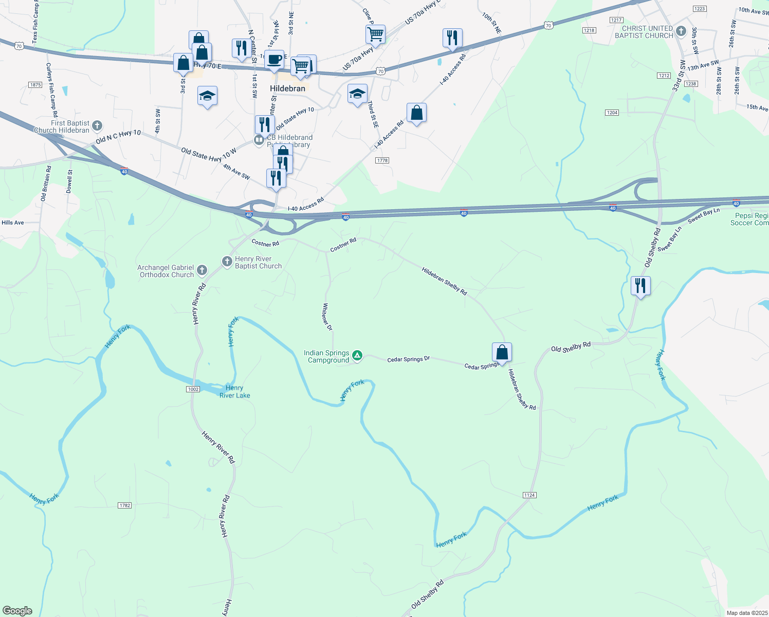 map of restaurants, bars, coffee shops, grocery stores, and more near 4105 Brannock Road in Hickory