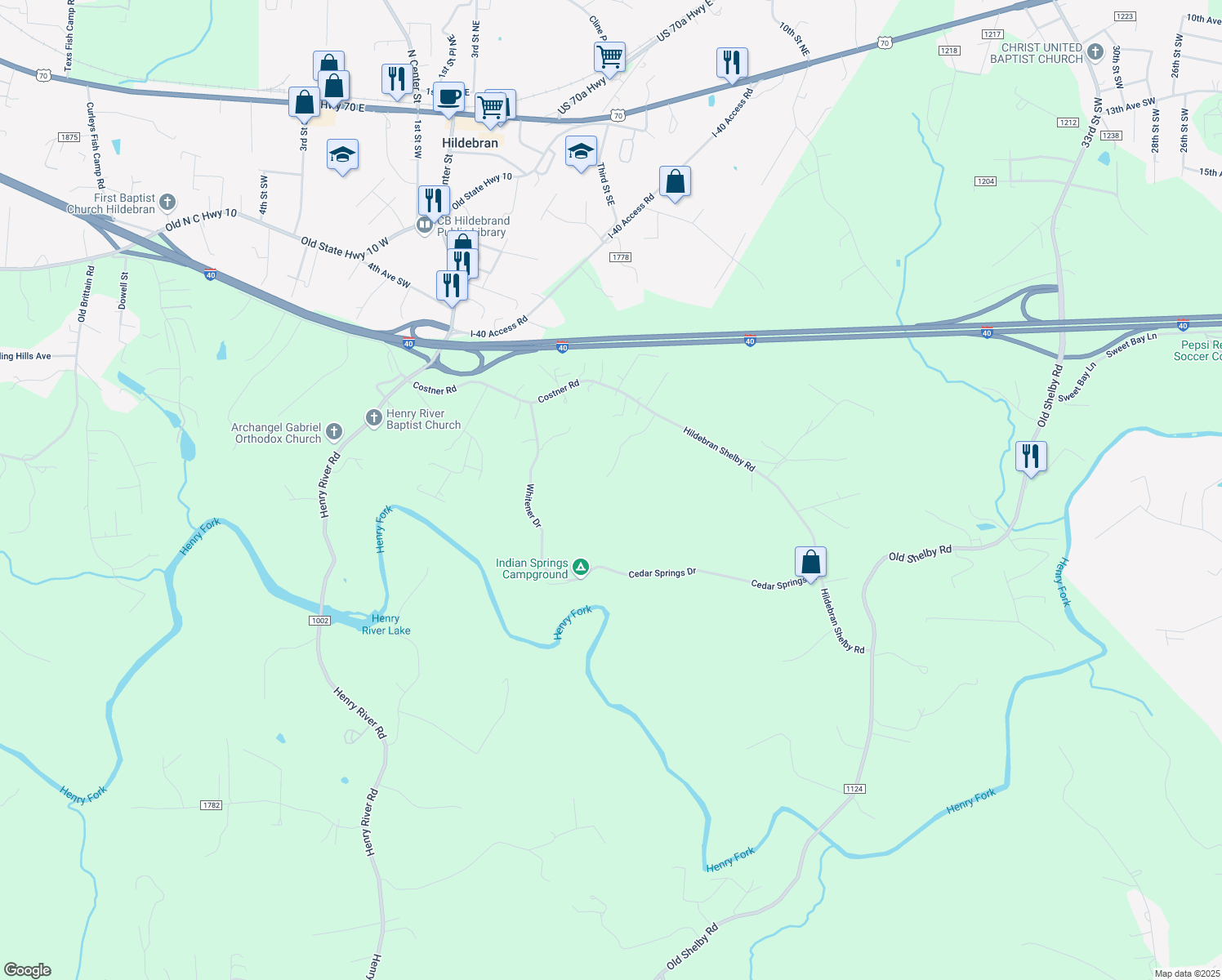 map of restaurants, bars, coffee shops, grocery stores, and more near 4105 Brannock Road in Hickory