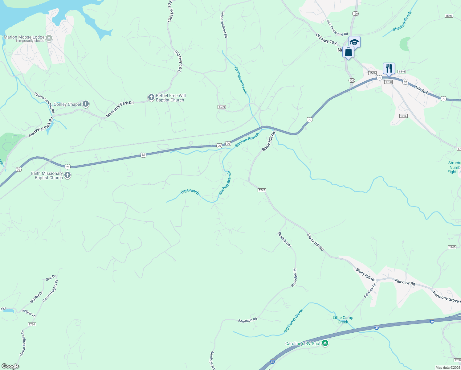 map of restaurants, bars, coffee shops, grocery stores, and more near 184 Dusty Hollow Drive in Marion