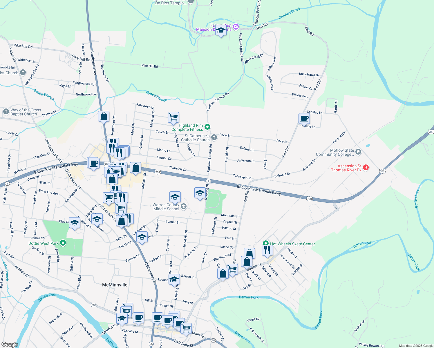 map of restaurants, bars, coffee shops, grocery stores, and more near 116 Roosevelt Road in McMinnville