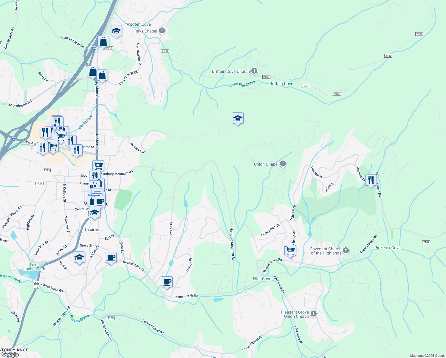 map of restaurants, bars, coffee shops, grocery stores, and more near 216 Hamburg Mountain Road in Weaverville