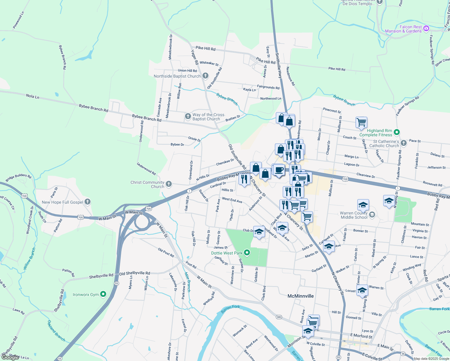 map of restaurants, bars, coffee shops, grocery stores, and more near 218 Cardinal Drive in McMinnville