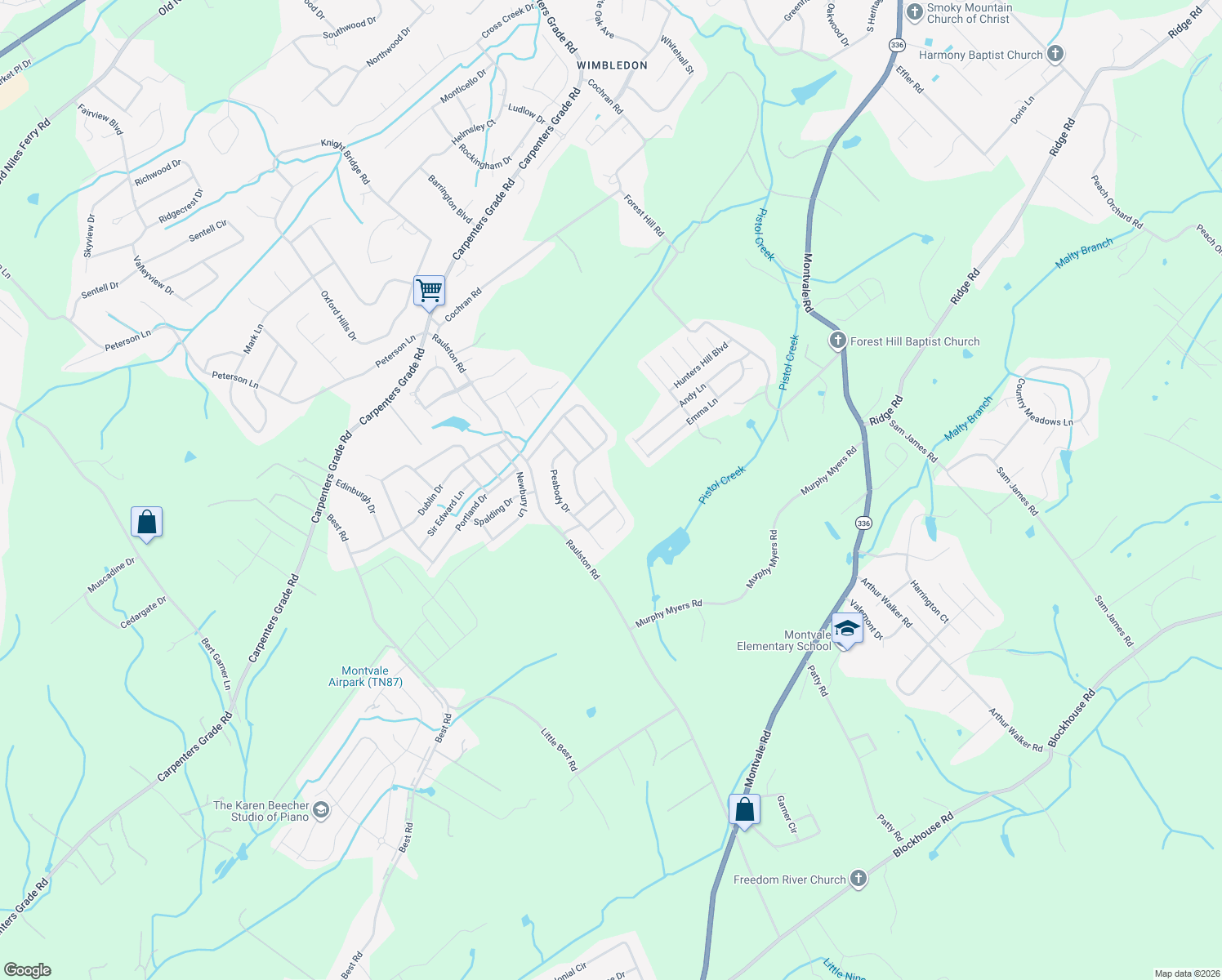 map of restaurants, bars, coffee shops, grocery stores, and more near 1522 Cavalier Drive in Maryville