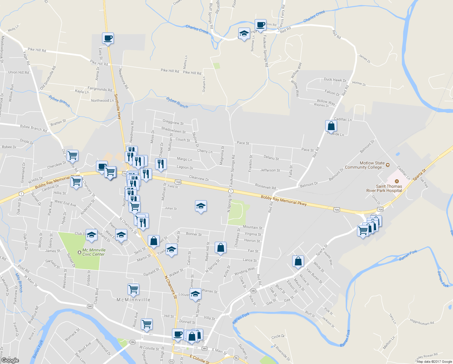 map of restaurants, bars, coffee shops, grocery stores, and more near 104 Clearview Drive in McMinnville