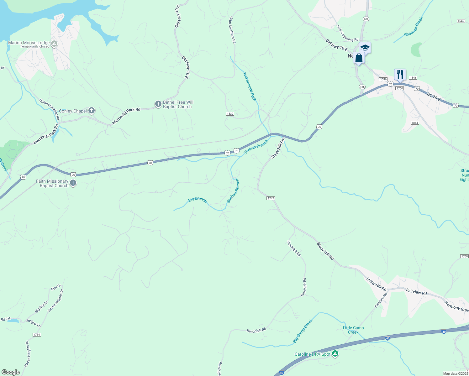 map of restaurants, bars, coffee shops, grocery stores, and more near 184 Dusty Hollow Drive in Marion