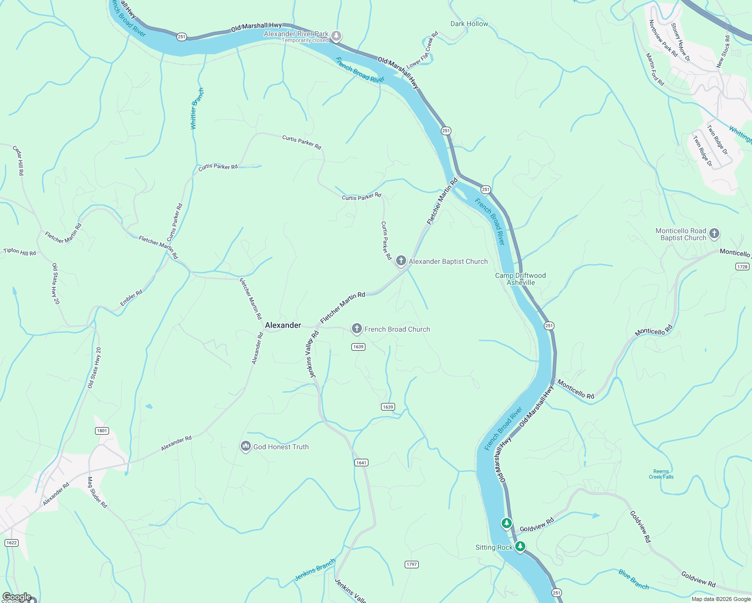 map of restaurants, bars, coffee shops, grocery stores, and more near 234 Fletcher Martin Road in Alexander