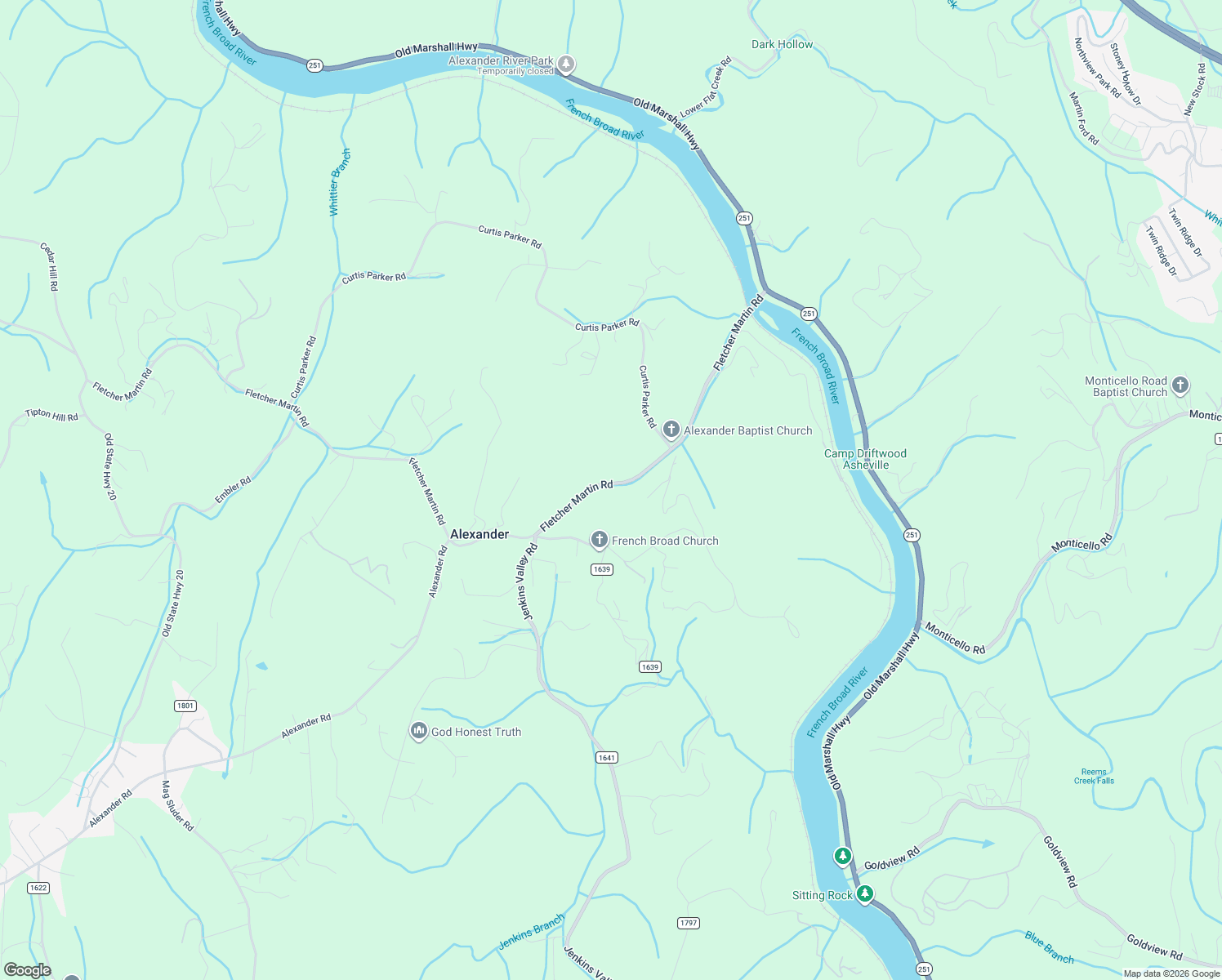 map of restaurants, bars, coffee shops, grocery stores, and more near 234 Fletcher Martin Road in Alexander