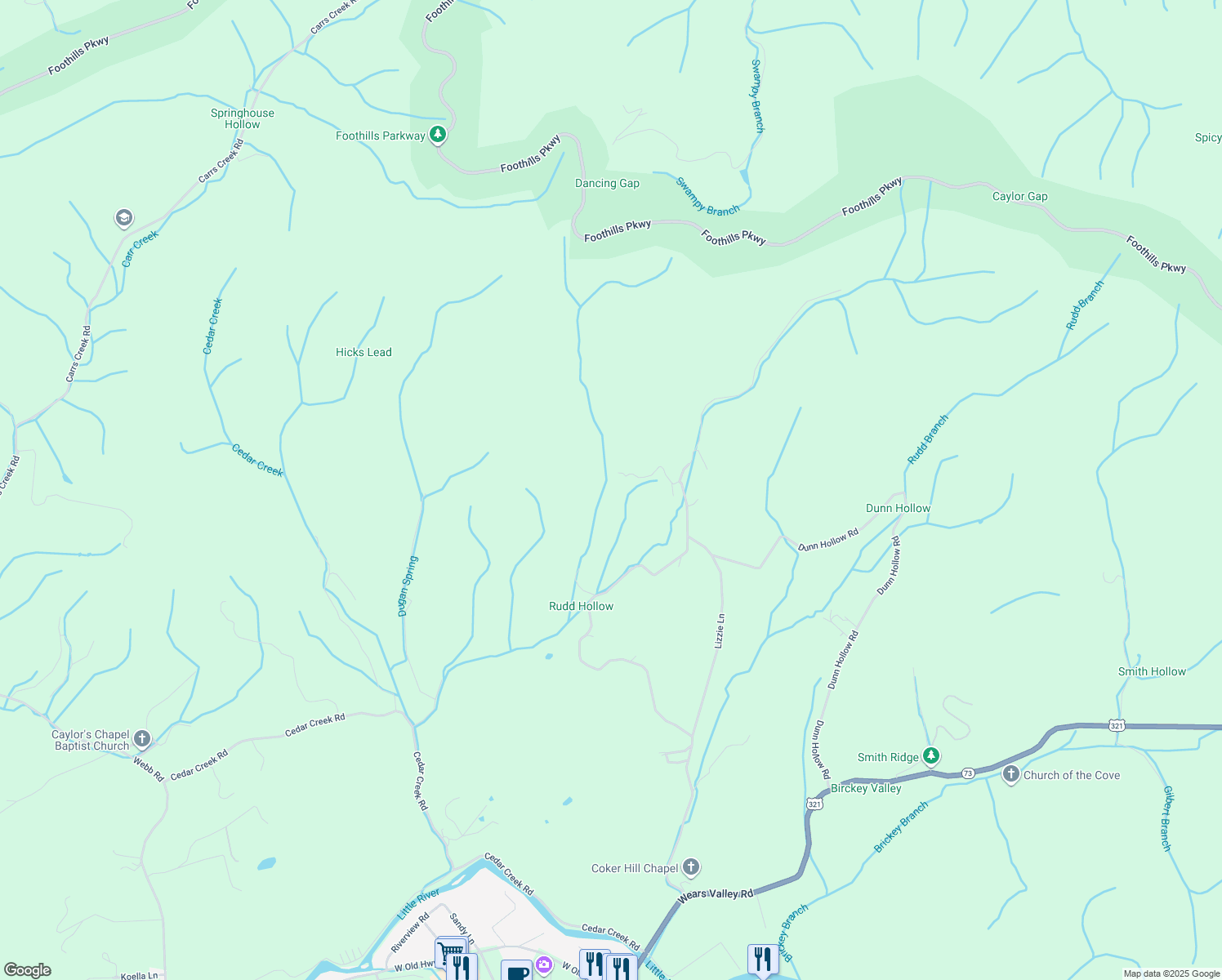 map of restaurants, bars, coffee shops, grocery stores, and more near 285 Rudd Hollow Road in Townsend