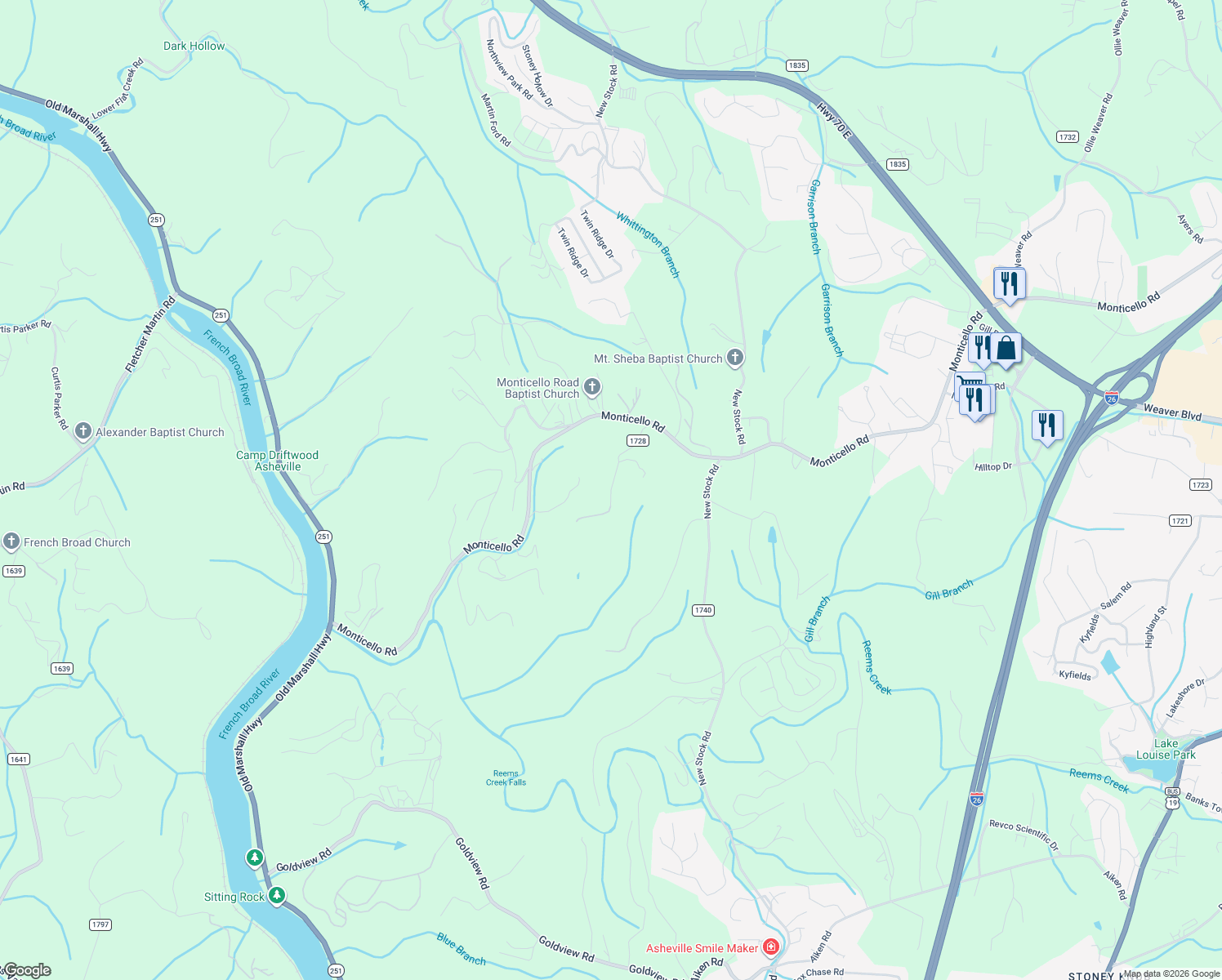 map of restaurants, bars, coffee shops, grocery stores, and more near 11 Parker Road in Weaverville