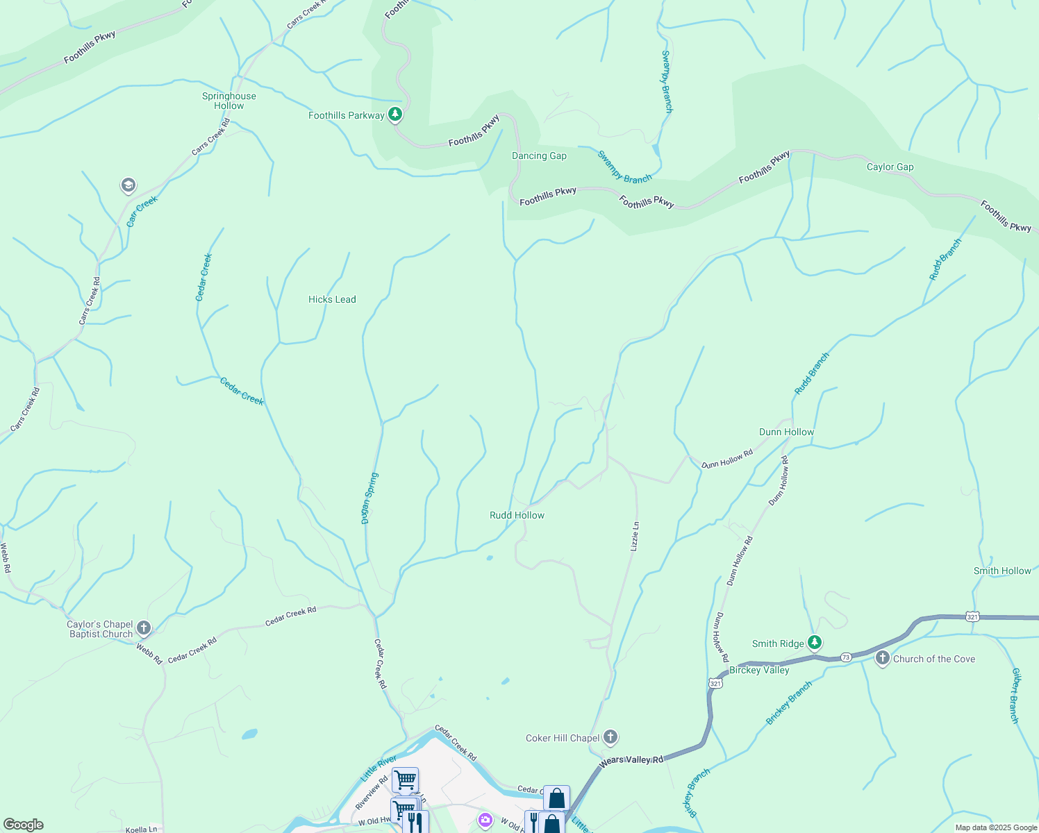 map of restaurants, bars, coffee shops, grocery stores, and more near 285 Rudd Hollow Road in Townsend